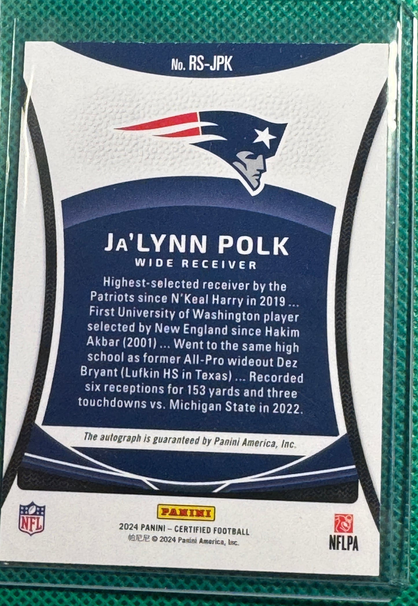 2024 Panini Certified Football Ja'Lynn Polk #RS-JPK Patriots RC Auto 71/99