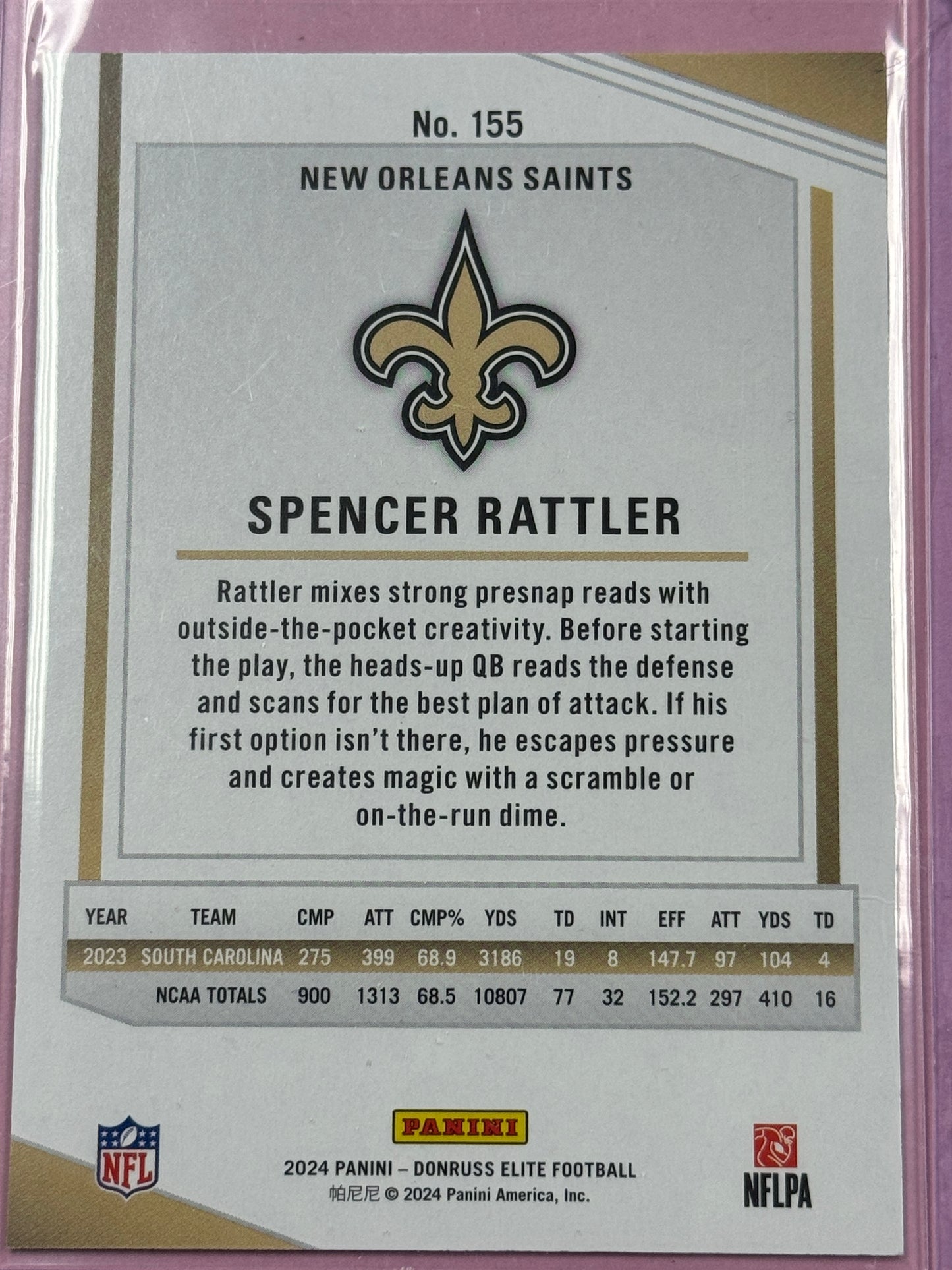 2024 Panini Donruss Elite Football Spencer Rattler #155 RC Saints Silver 327/999