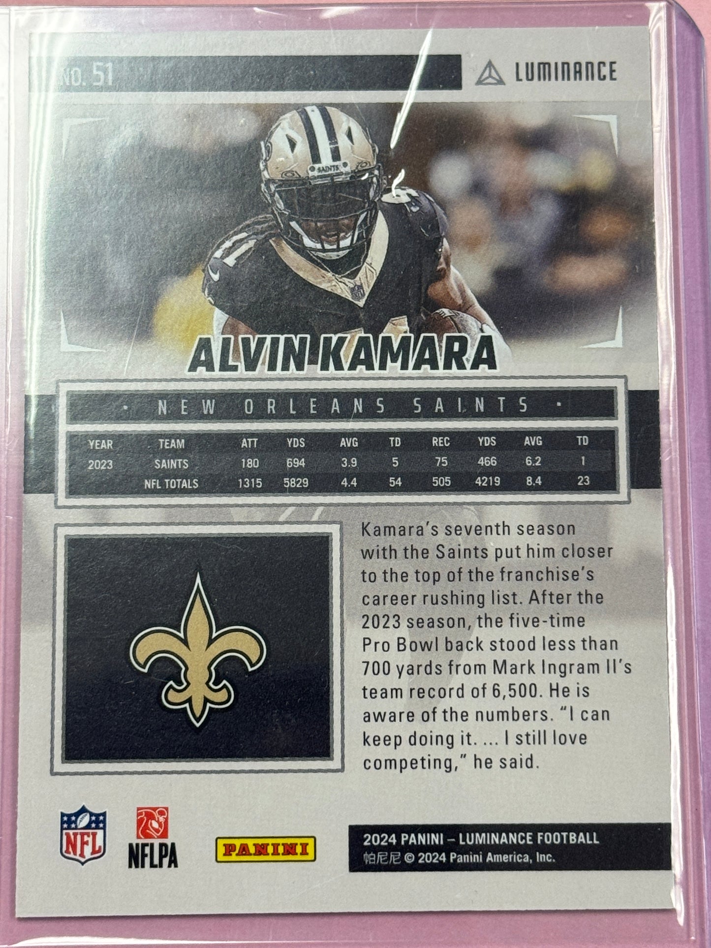 2024 Panini Luminance Football Alvin Kamara Saints Green 084/100