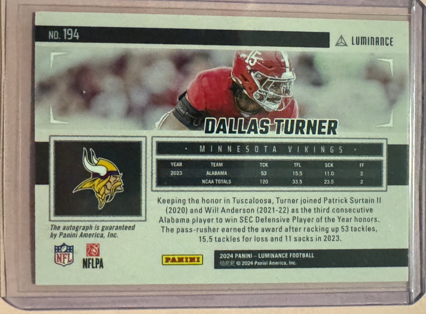 2024 Panini Luminance Football  Dallas Turner #194 Vikings RC 68/350