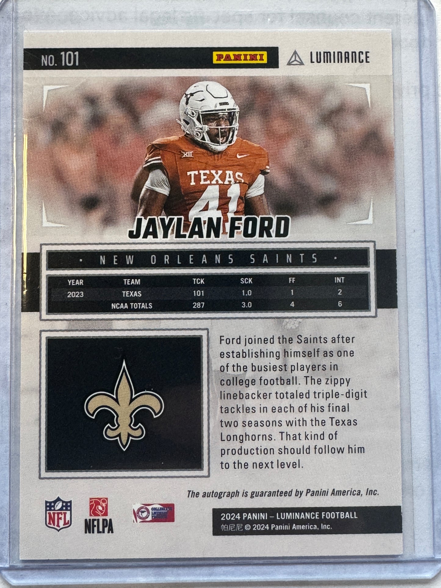 2024 Panini Luminance Jaylan Ford #101 Saints RC AUTO 674/700