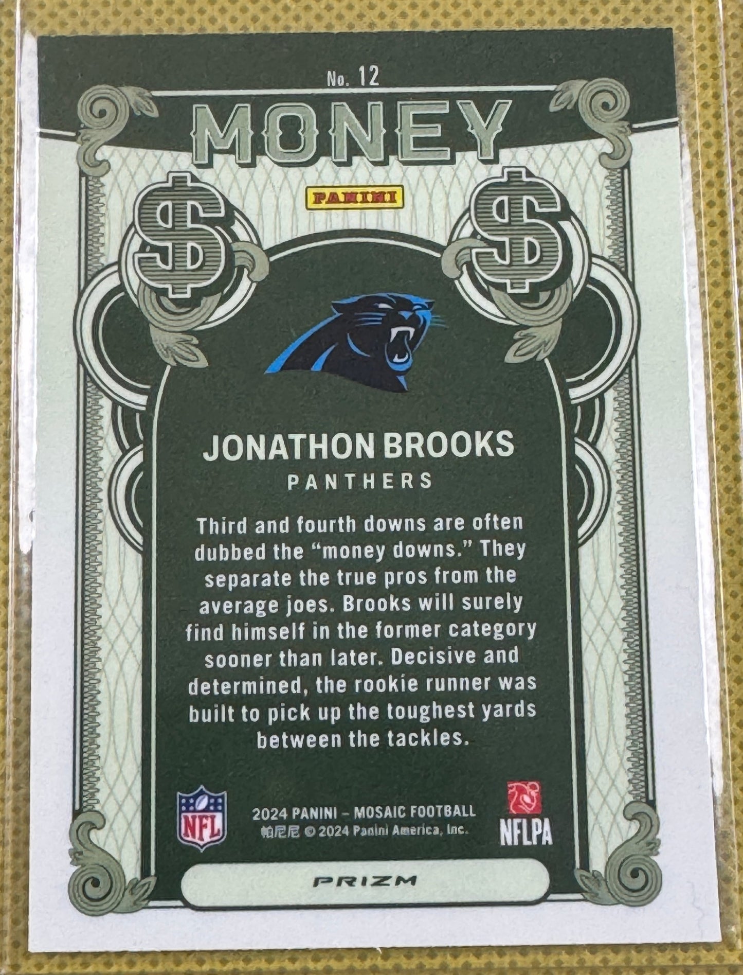 2024 Panini Mosaic Football Jonathon Brooks #12 Panthers RC Money Case Hit