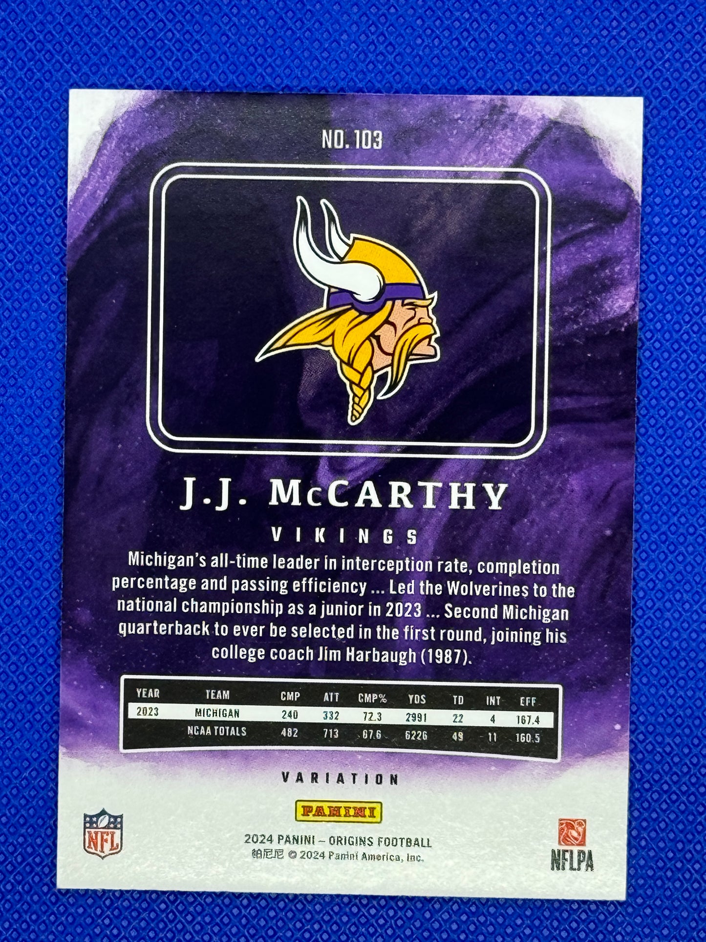 2024 Panini Origins Football JJ McCarthy #103 Vikings Rookie Card