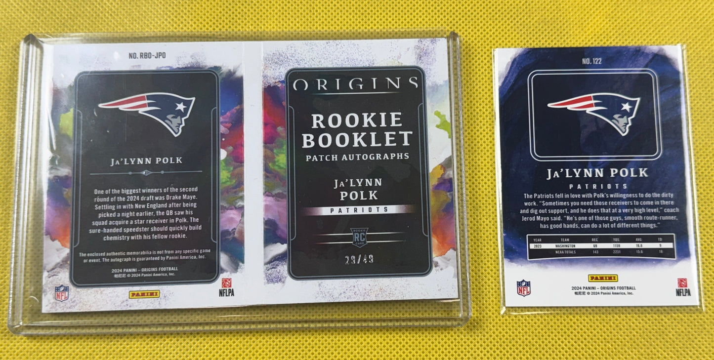 2024 Panini Origins Ja'lynn Polk #-RBO-JPO Patriots RC Auto/Patch Book 29/49