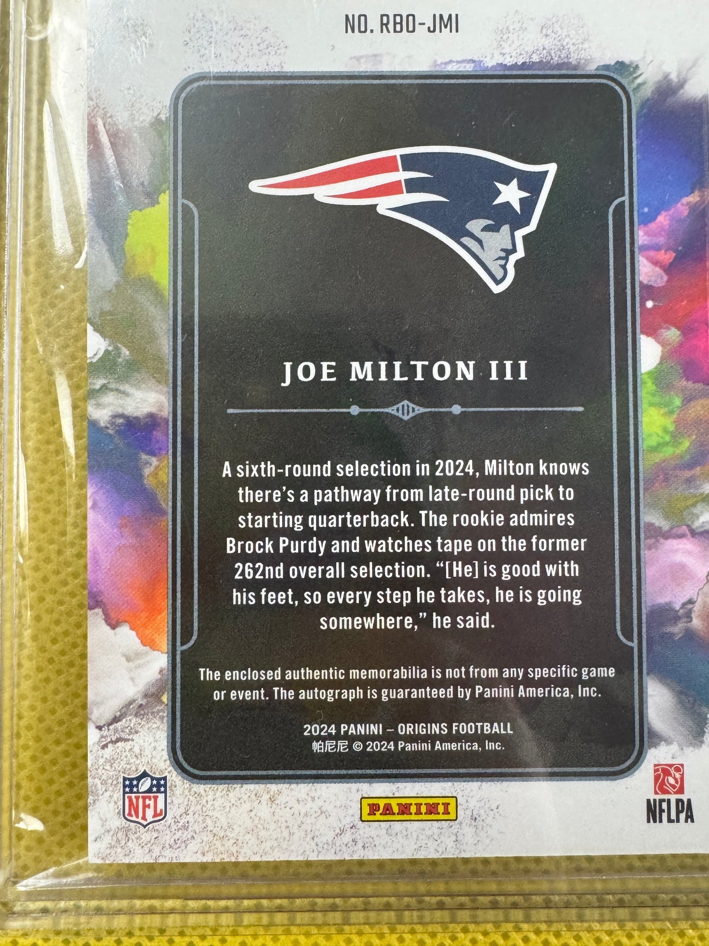 2024 Panini Origins Joe Milton III #RBO-JMI Patriots RC Auto/Patch Book 23/49