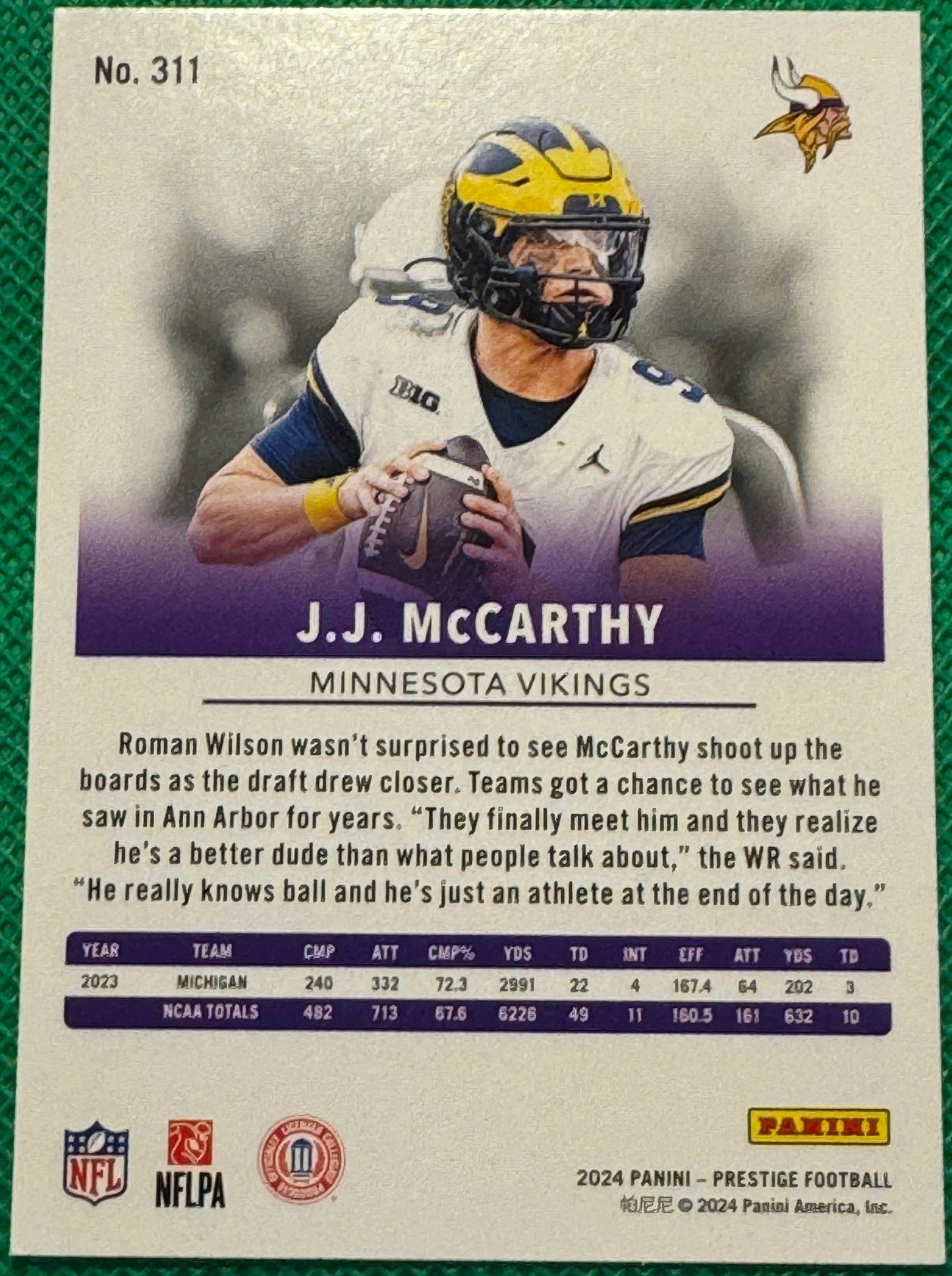 2024 Panini Prestige Football JJ McCarthy #311 Vikings RC