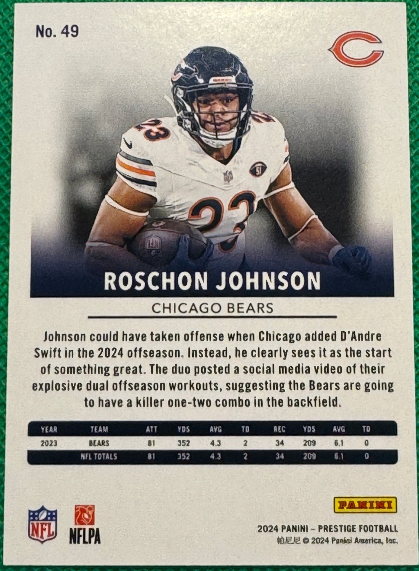 2024 Panini Prestige Football Roschon Johnson #49 Bears Xtra Points 26/75