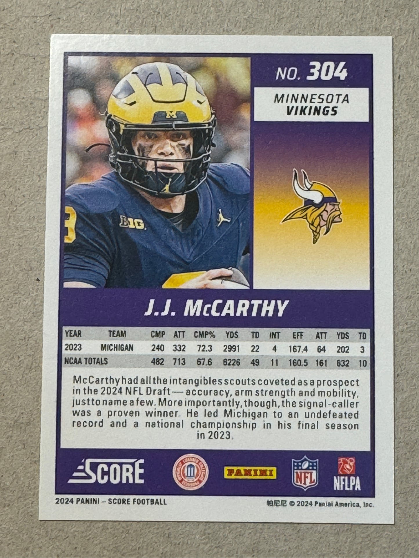 2024 Panini Score Football JJ McCarthy #304 Vikings Rookie RC Green