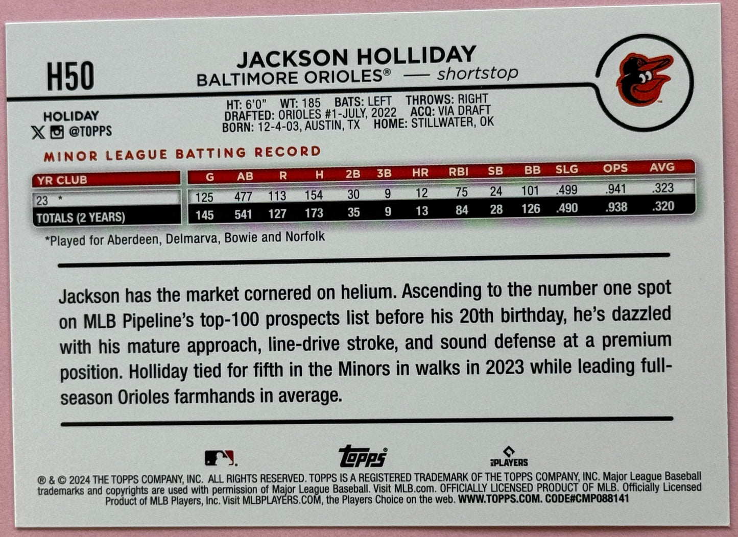 2024 Topps Baseball Holiday Jackson Holliday #H50 Orioles RC Silver Glitter