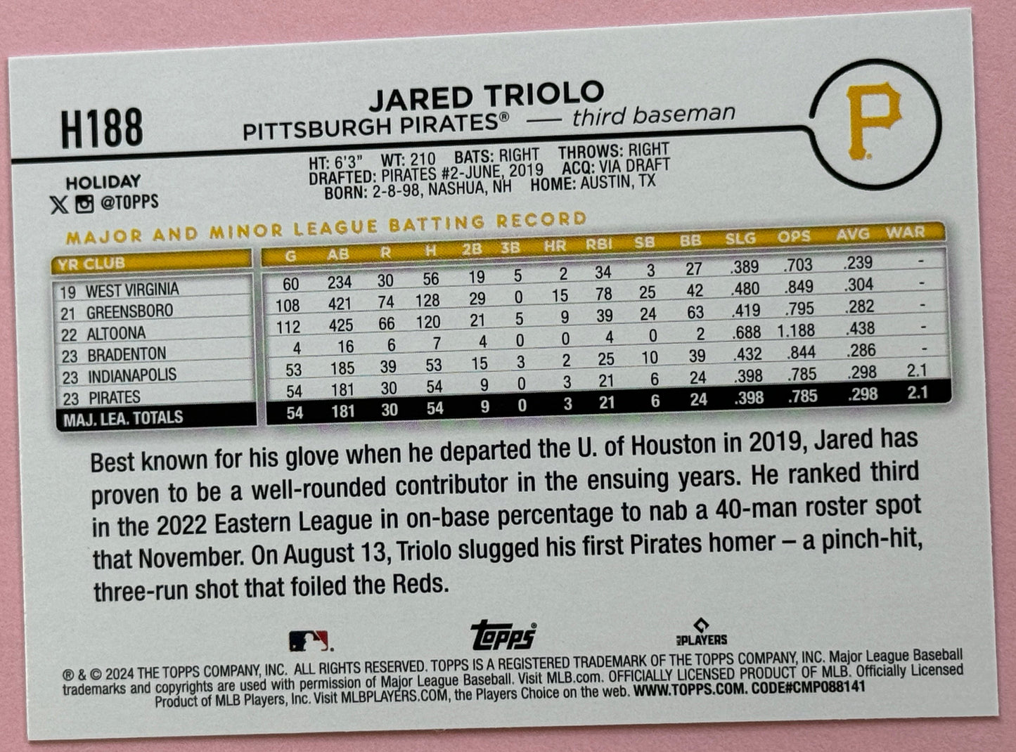 2024 Topps Baseball Holiday Jared Triolo #H188 Pirates RC Silver Glitter