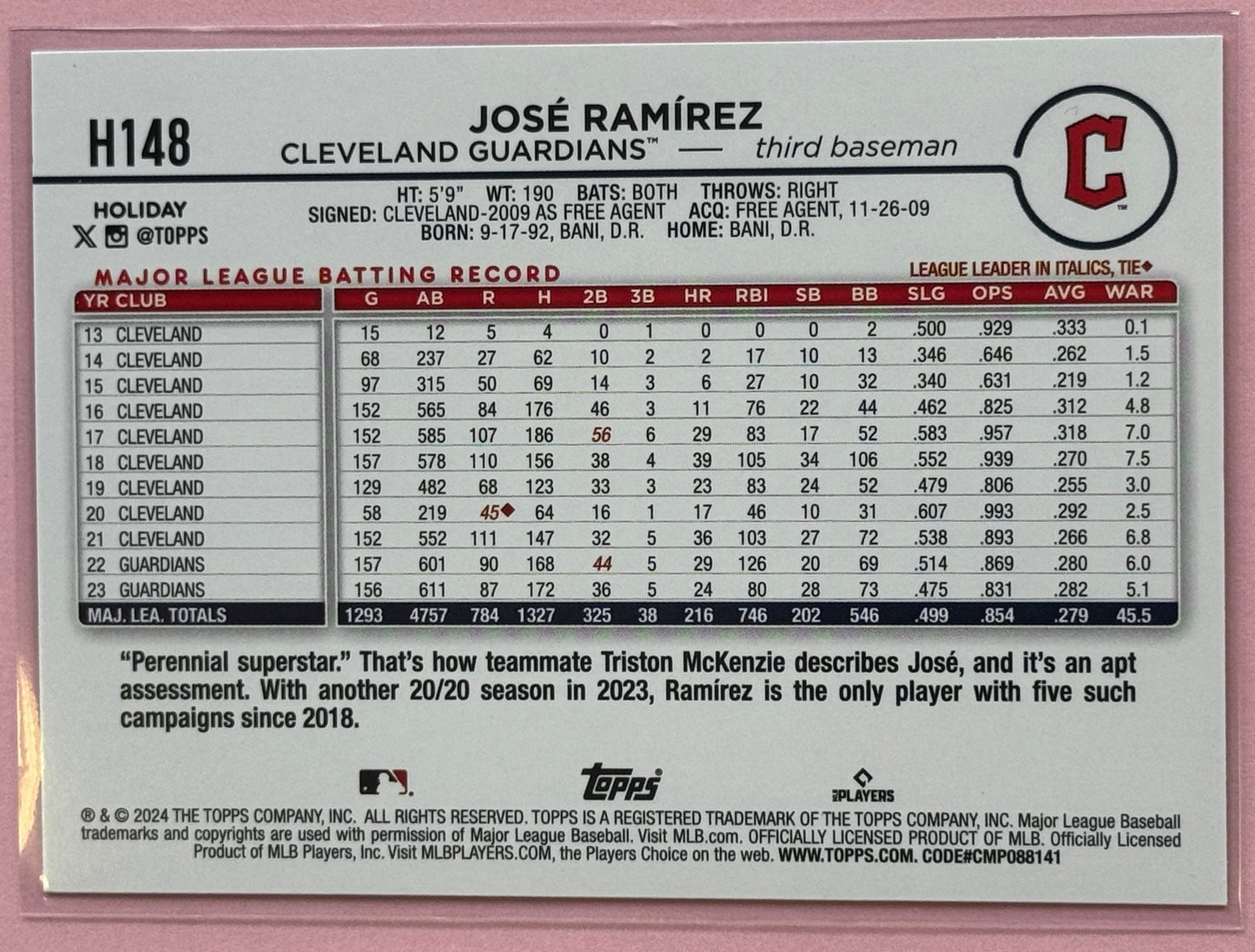 2024 Topps Baseball Holiday Jose Ramirez #H148 Guardians Silver Glitter