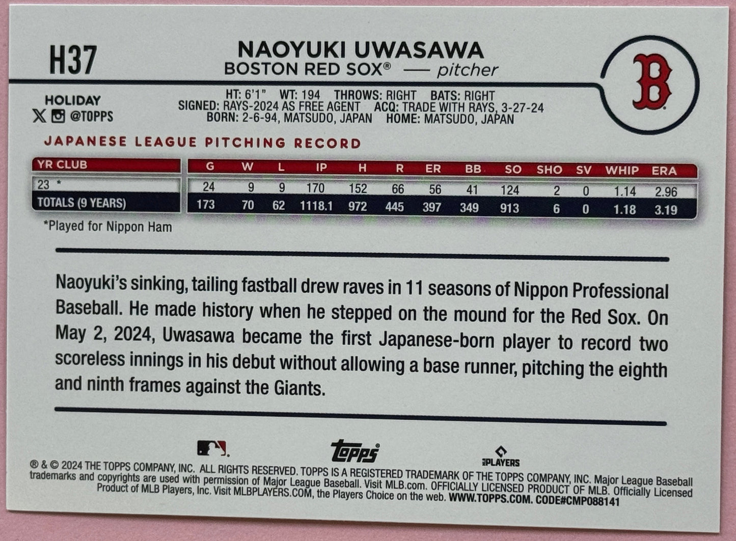 2024 Topps Baseball Holiday Naoyuki Uwasawa #H37 Red Sox RC Silver Glitter