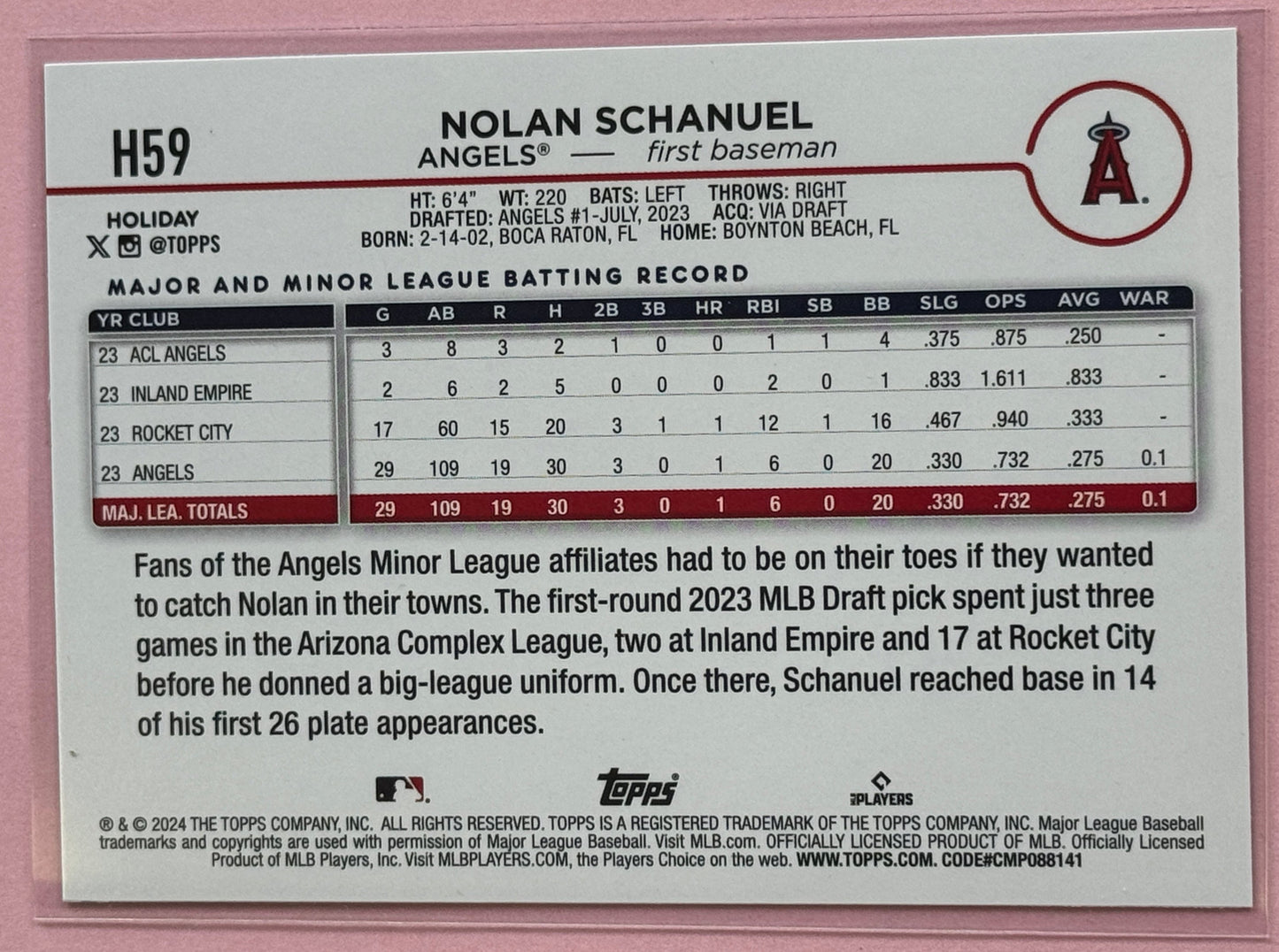 2024 Topps Baseball Holiday Nolan Schanuel #H59 Angels RC Silver Glitter