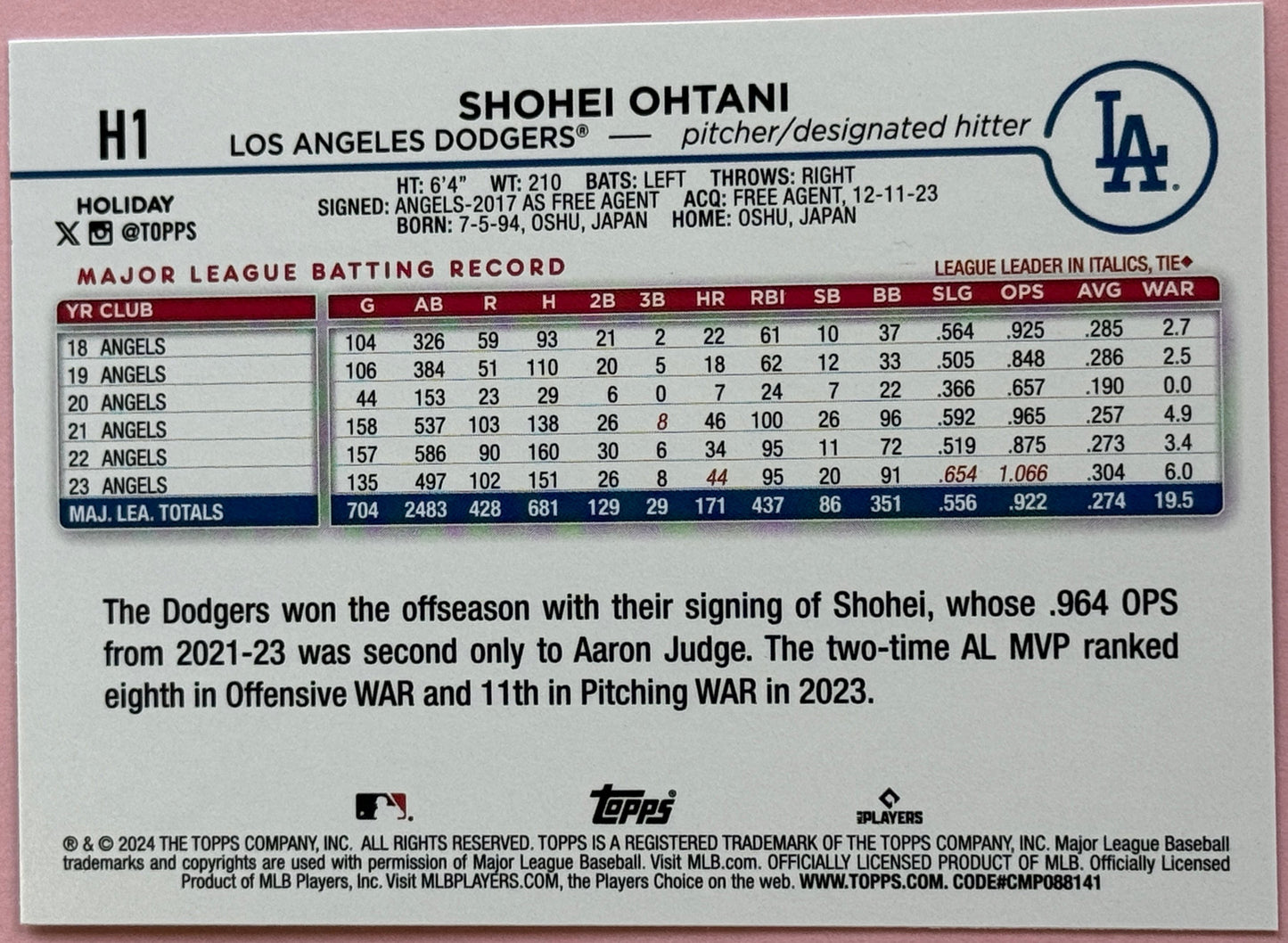 2024 Topps Baseball Holiday Shohei Ohtani #H1 Dodgers