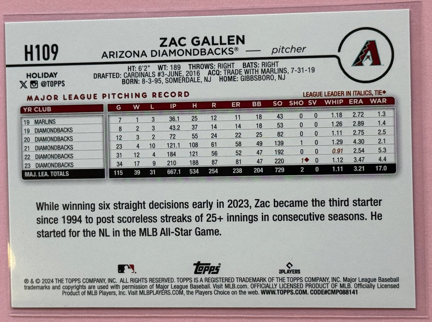 2024 Topps Baseball Holiday Zac Gallen #H109 Diamondbacks Silver Glitter