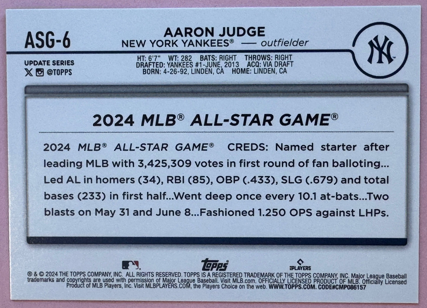 2024 Topps Update Aaron Judge # ASG-6 Yankees