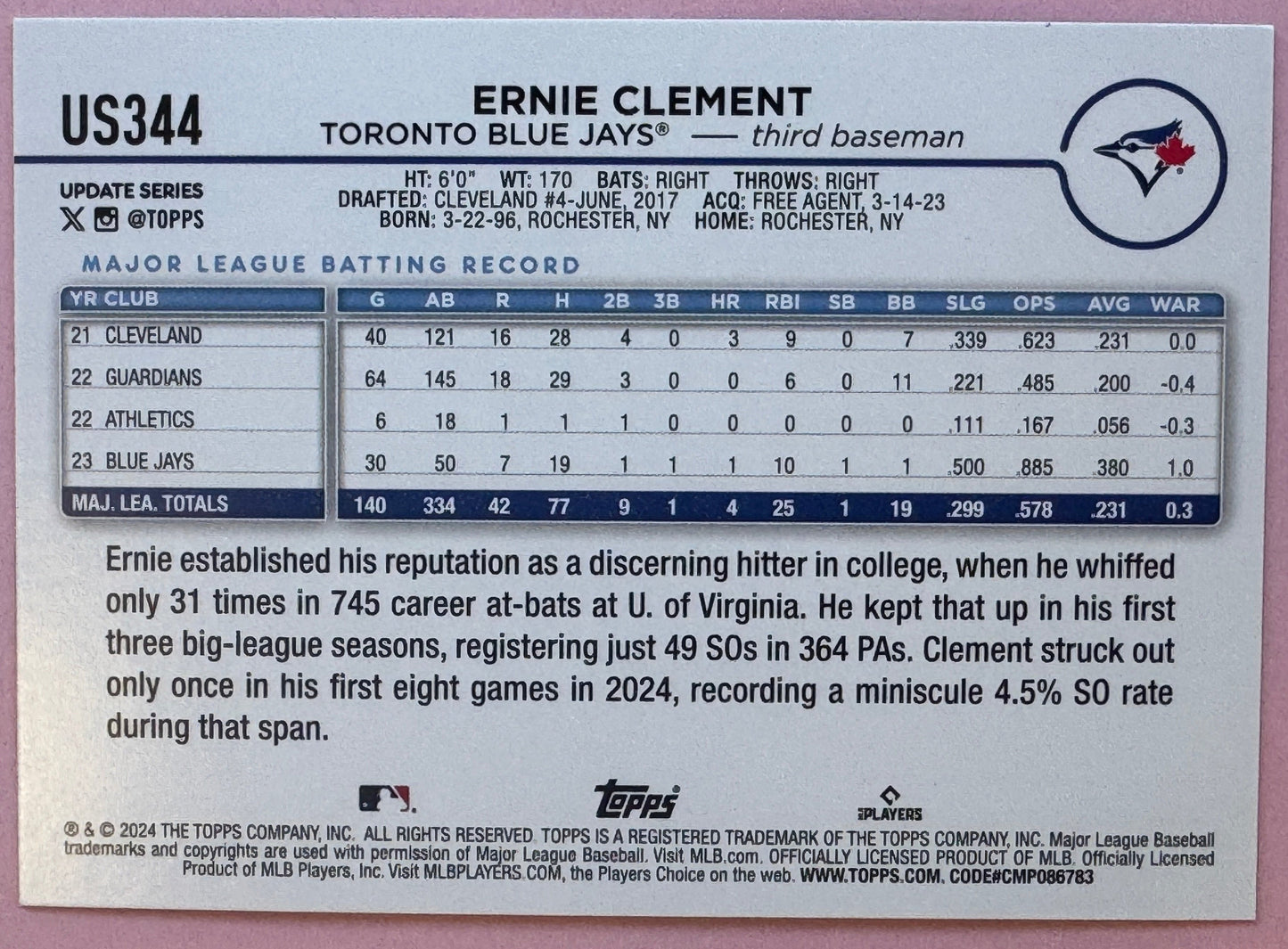 2024 Topps Update Ernie Clement US344 Blue Jays Holiday Insert