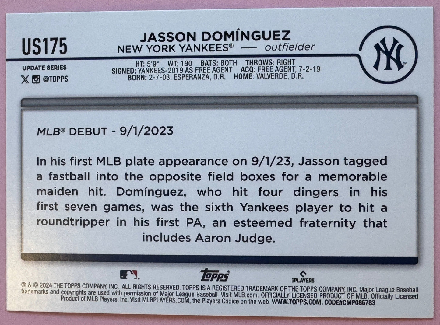 2024 Topps Update Jasson Dominguez #US175 Yankees RC Holiday Foil