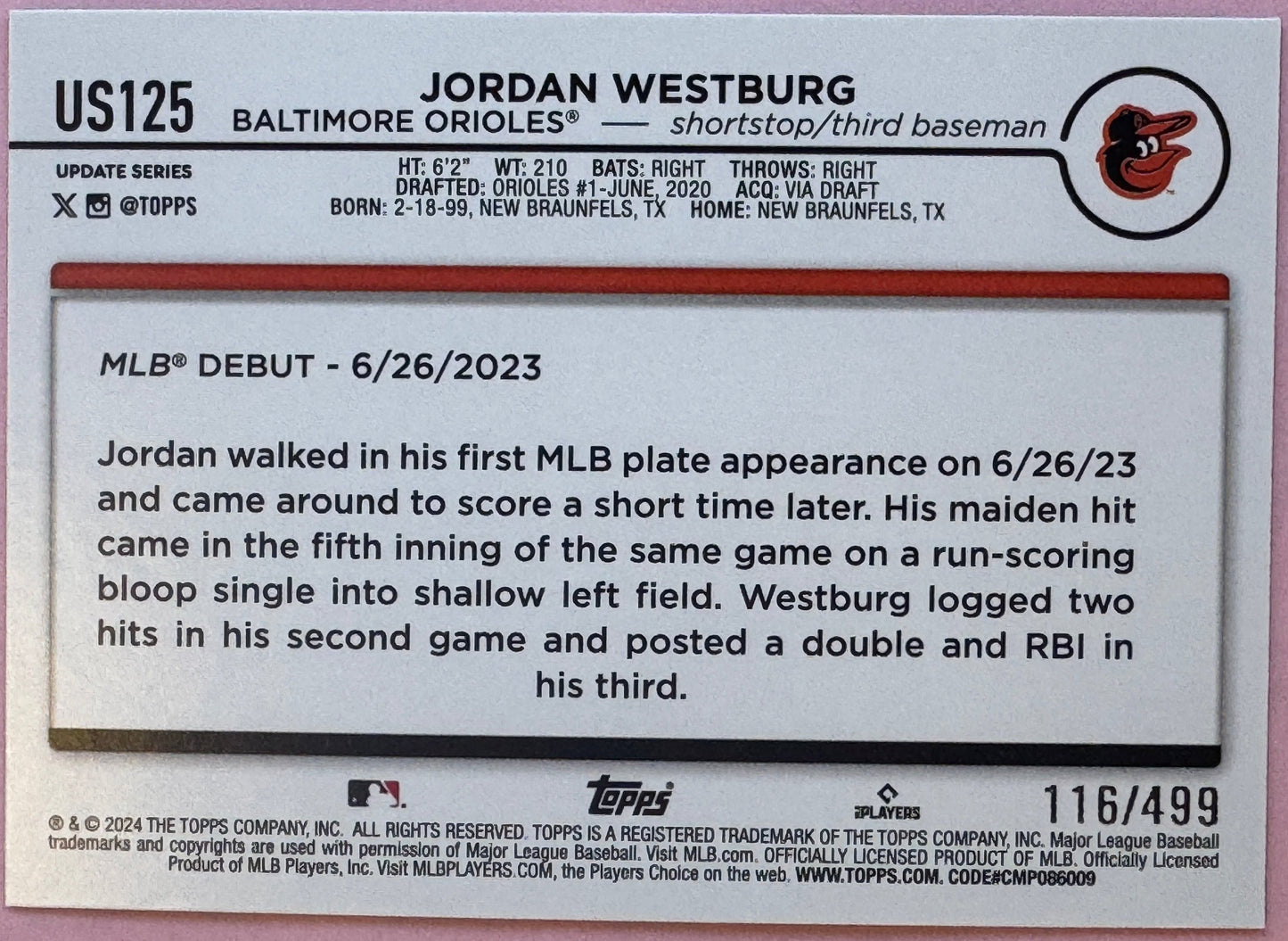 2024 Topps Update Jordan Westburg #US125 Orioles RC Green 116/499