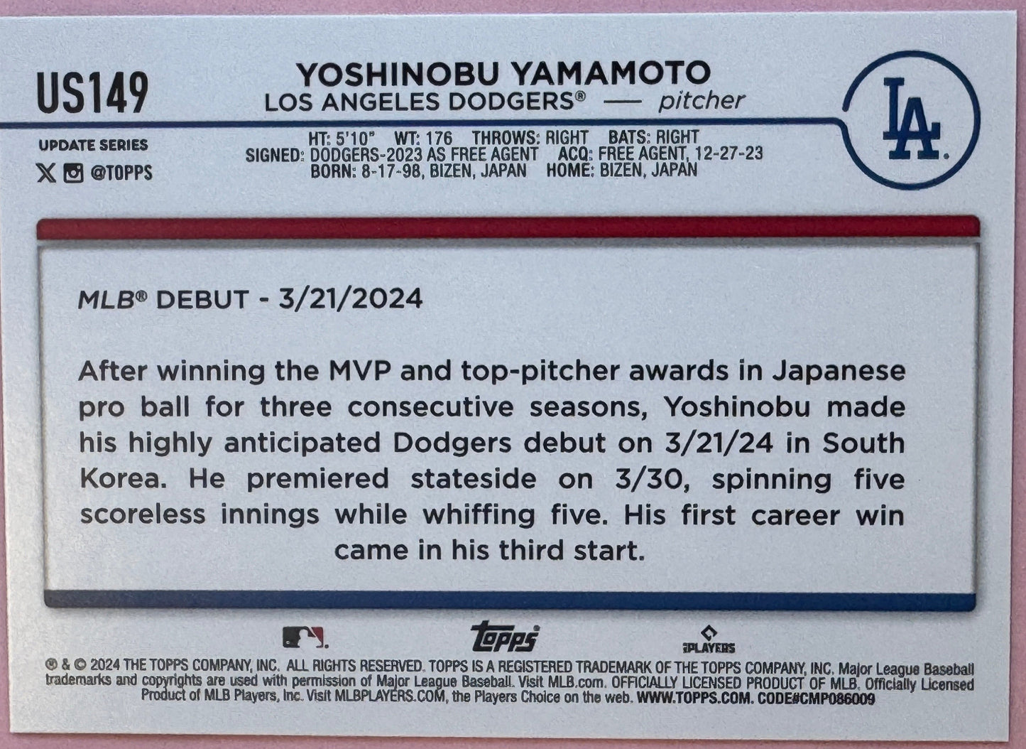 2024 Topps Update Yoshinobu Yamamoto #US140 Dodgers RC