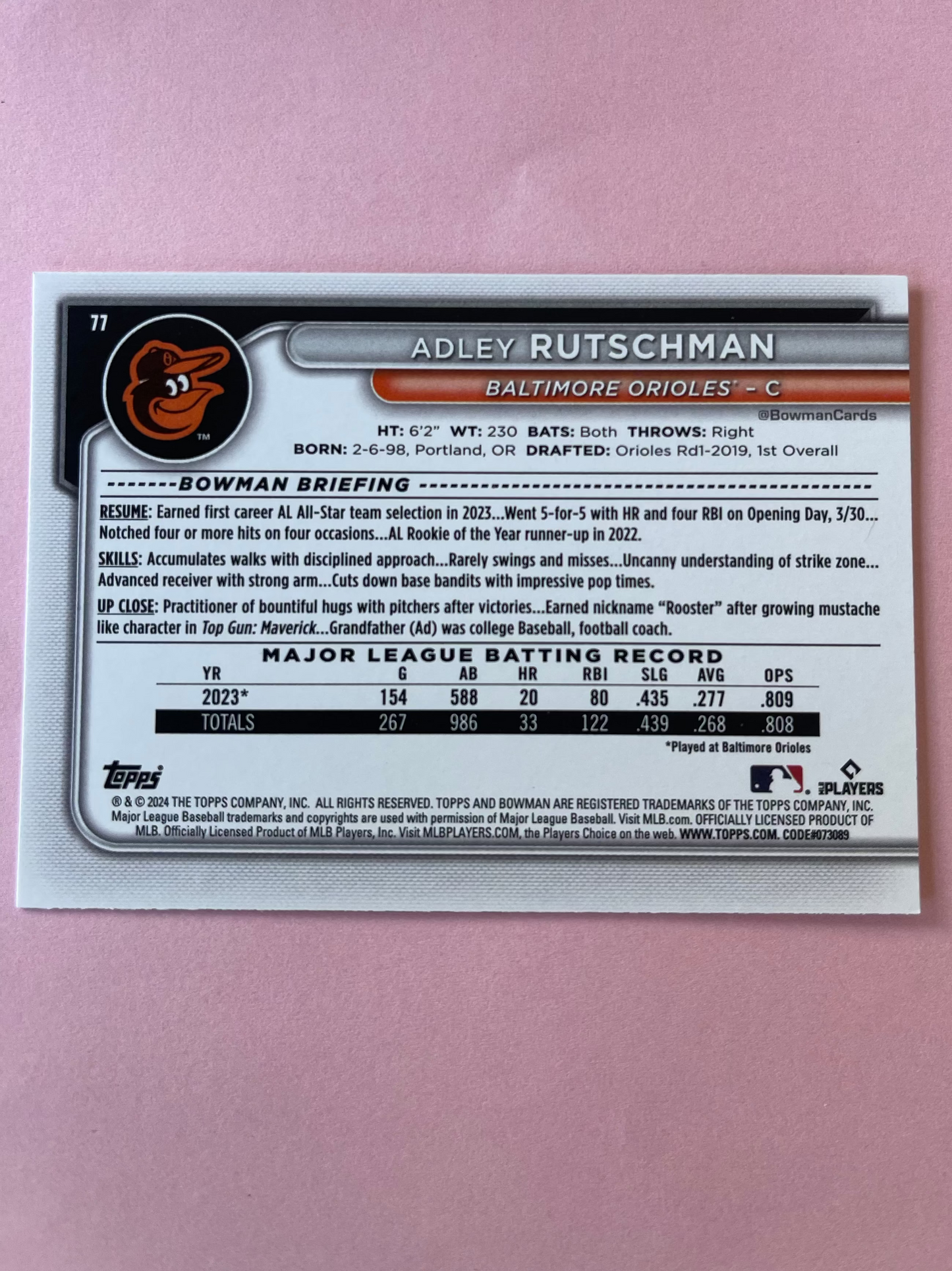 2024 Topps | Bowman | MLB | Adley Rutschman No.77 | Orioles