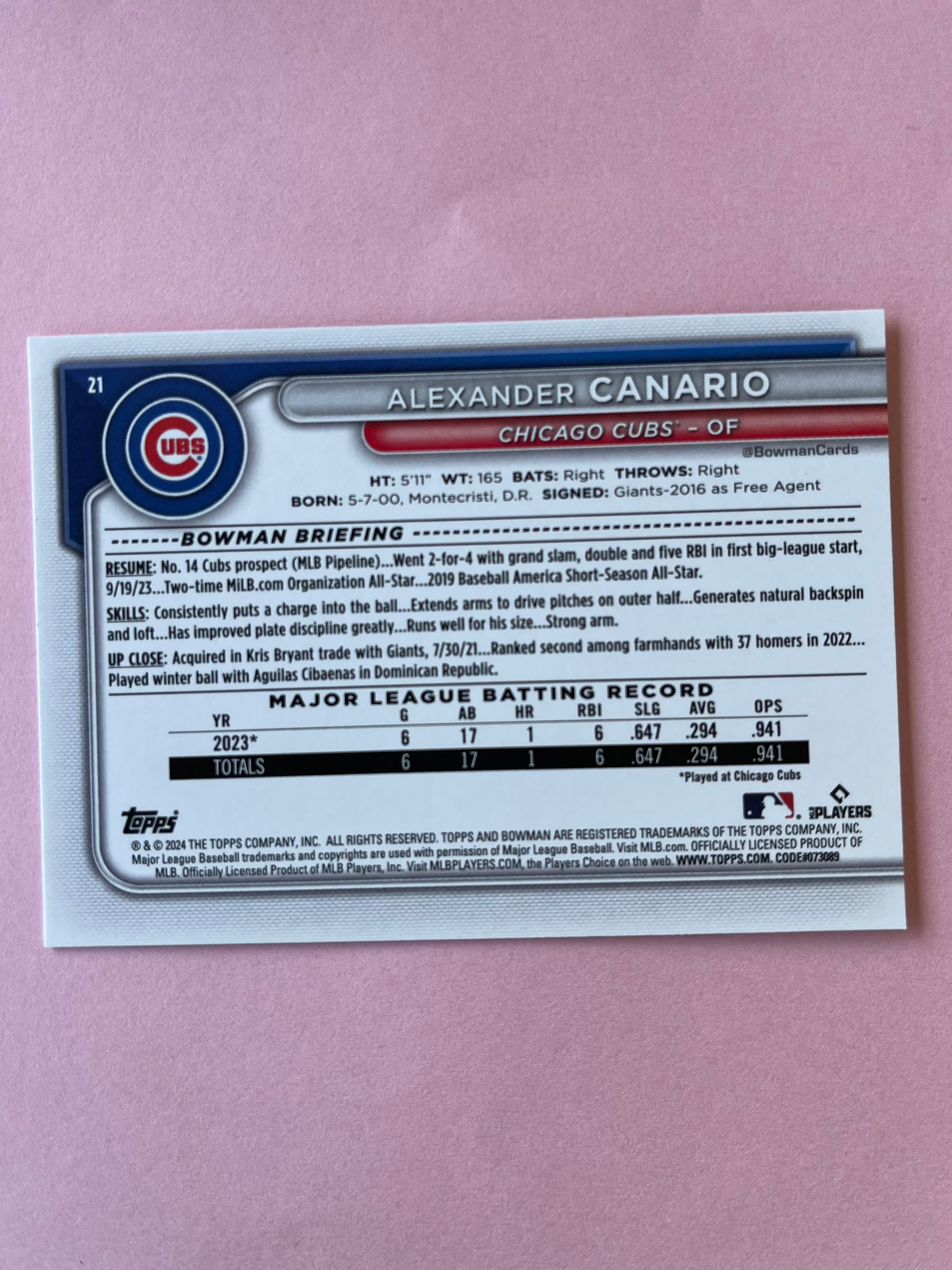 2024 Topps | Bowman | MLB | Alexander Canario No.21 | Cubs