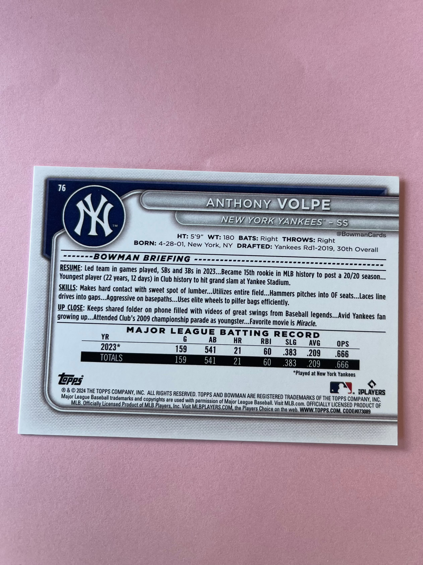 2024 Topps | Bowman | MLB | Anthony Volpe No.76 | Yankees