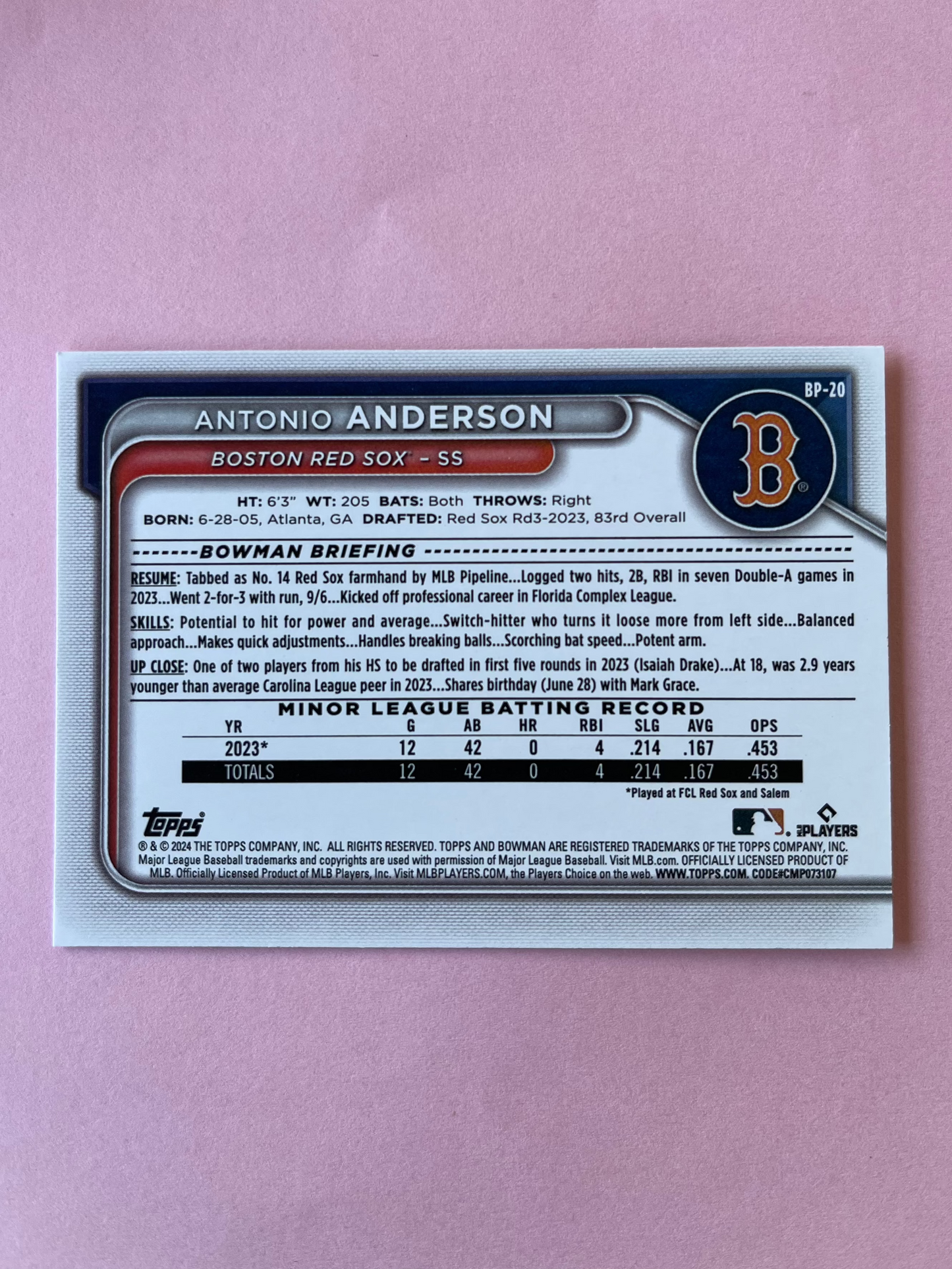 2024 Topps | Bowman | MLB | Antonio Anderson bp-20 | Red Sox | Bowman Prospects