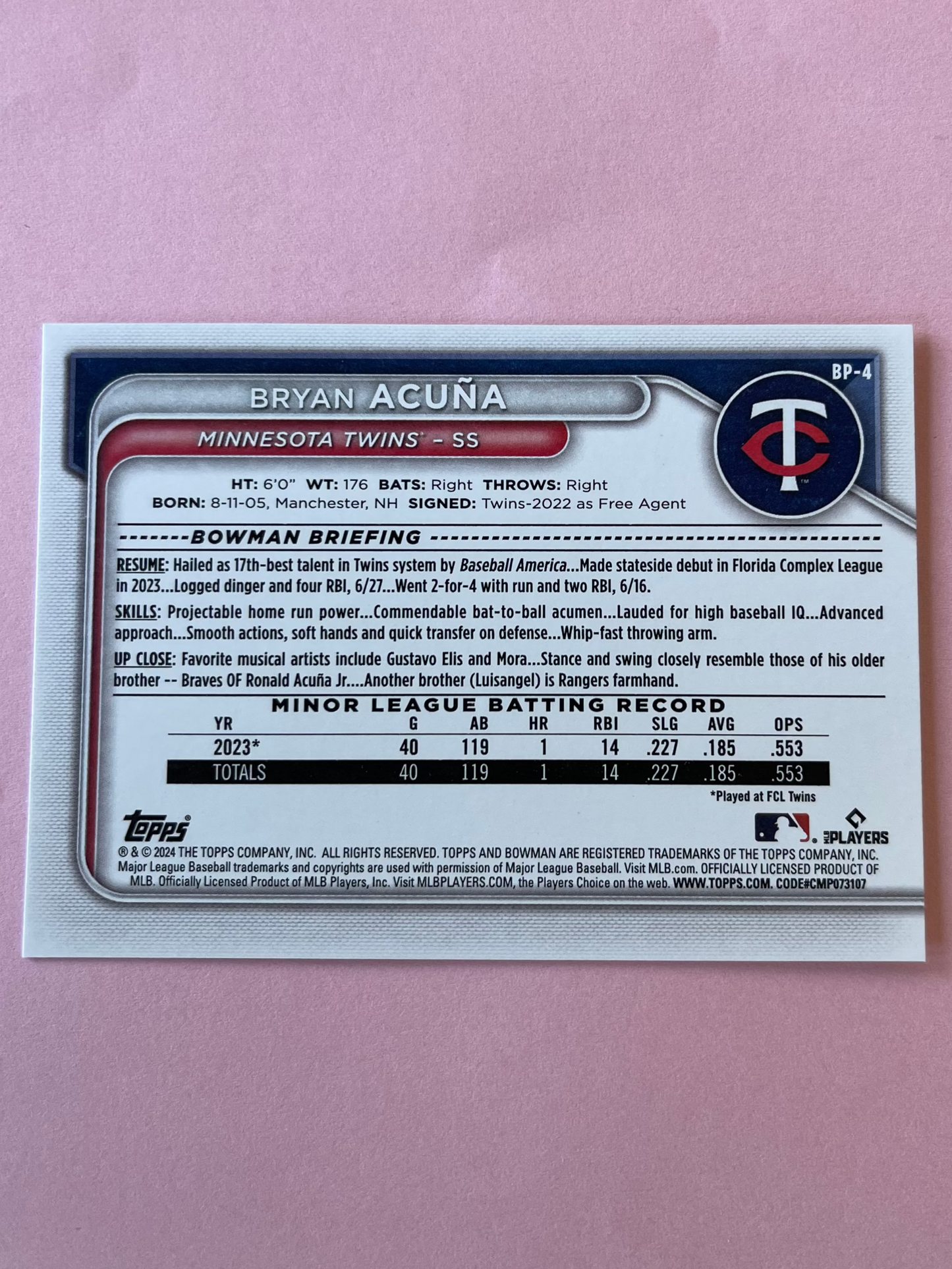 2024 Topps | Bowman | MLB | Bryan Acuna #bp-4 | Twins | Bowman Prospects