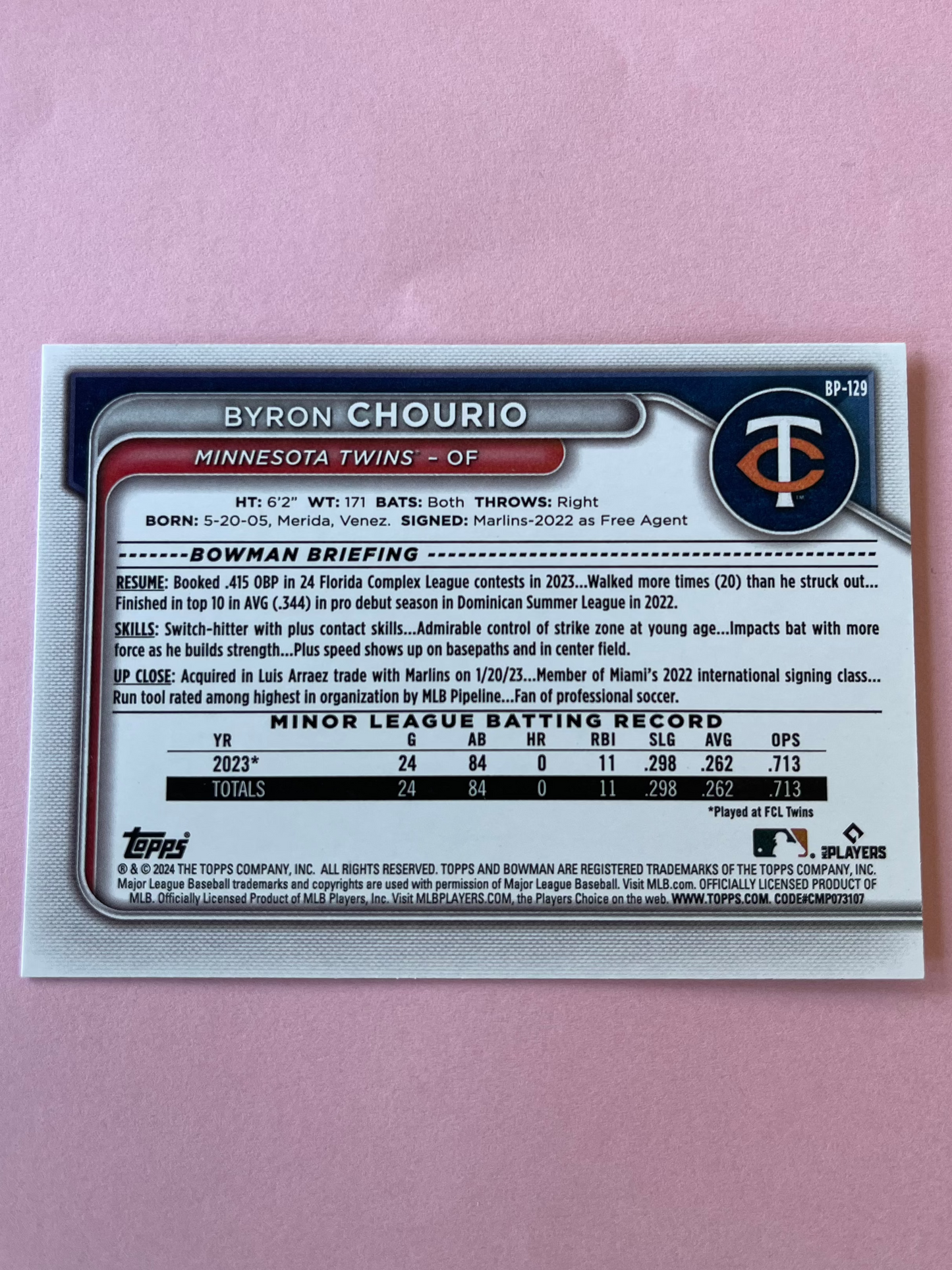 2024 Topps | Bowman | MLB | Byron Chourio bp-129 | Twins | Bowman Prospects