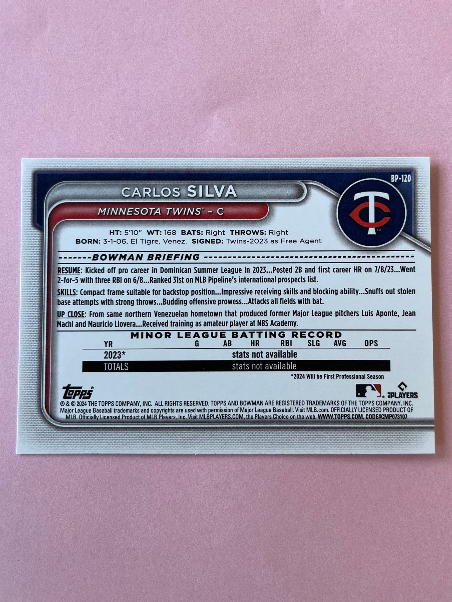 2024 Topps | Bowman | MLB | Carlos Silva #bp-120 | Twins | Bowman Prospects