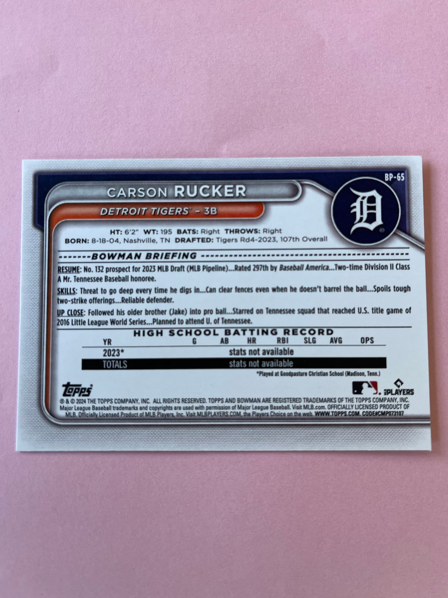 2024 Topps | Bowman | MLB | Carson Rucker bp-65 | Tigers | Bowman Prospects