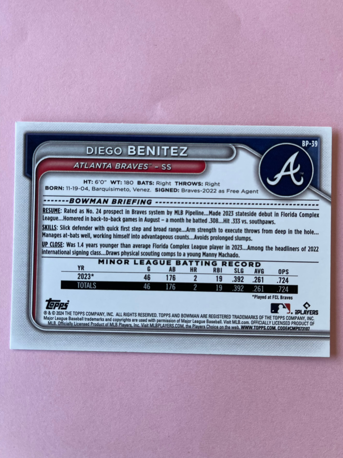 2024 Topps | Bowman | MLB | Diego Benitez #bp-39 | Braves | Bowman Prospects