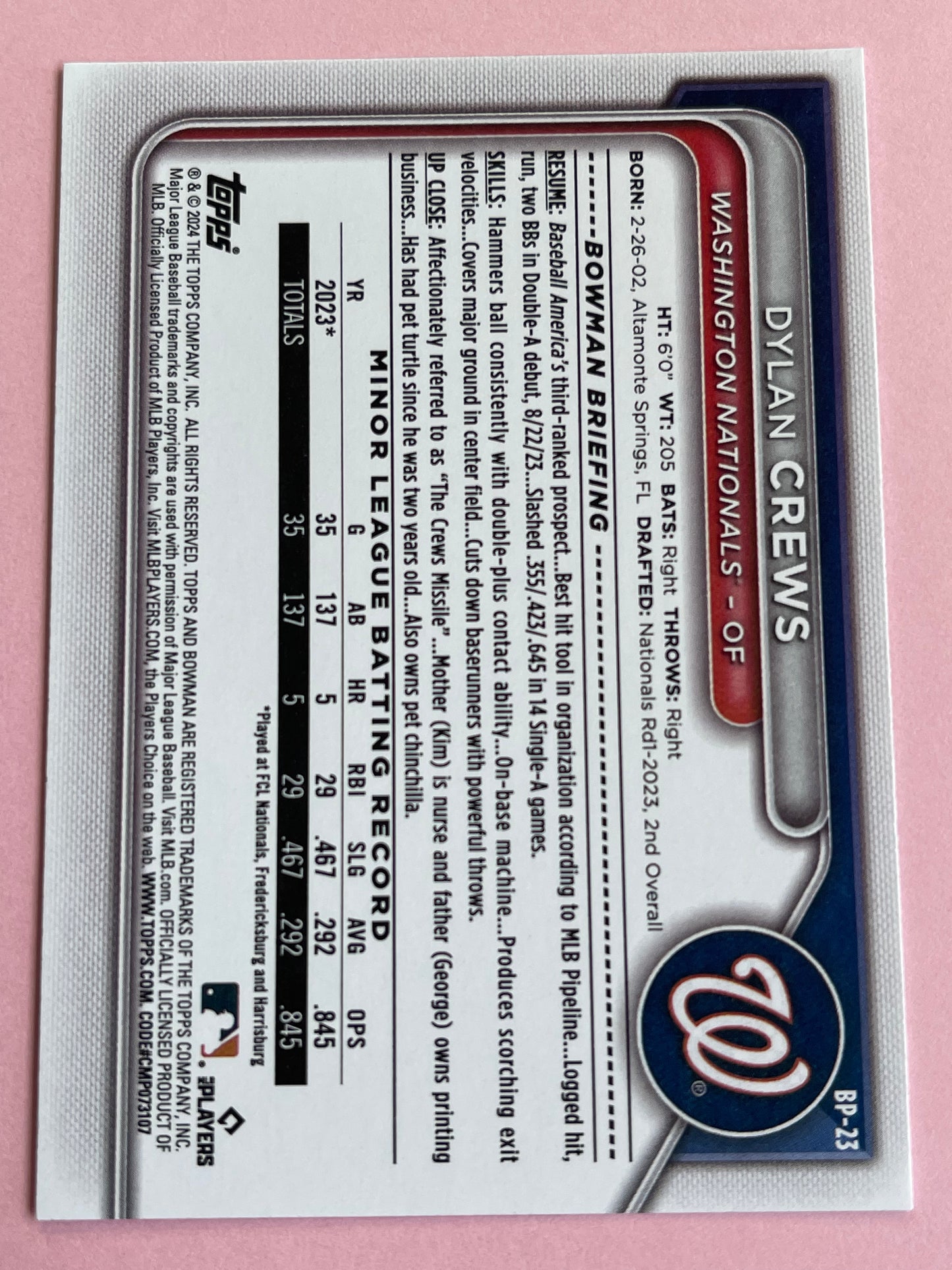 2024 Topps | Bowman | Dylan Crews No.BP-23 | Washington Nationals| Prospects