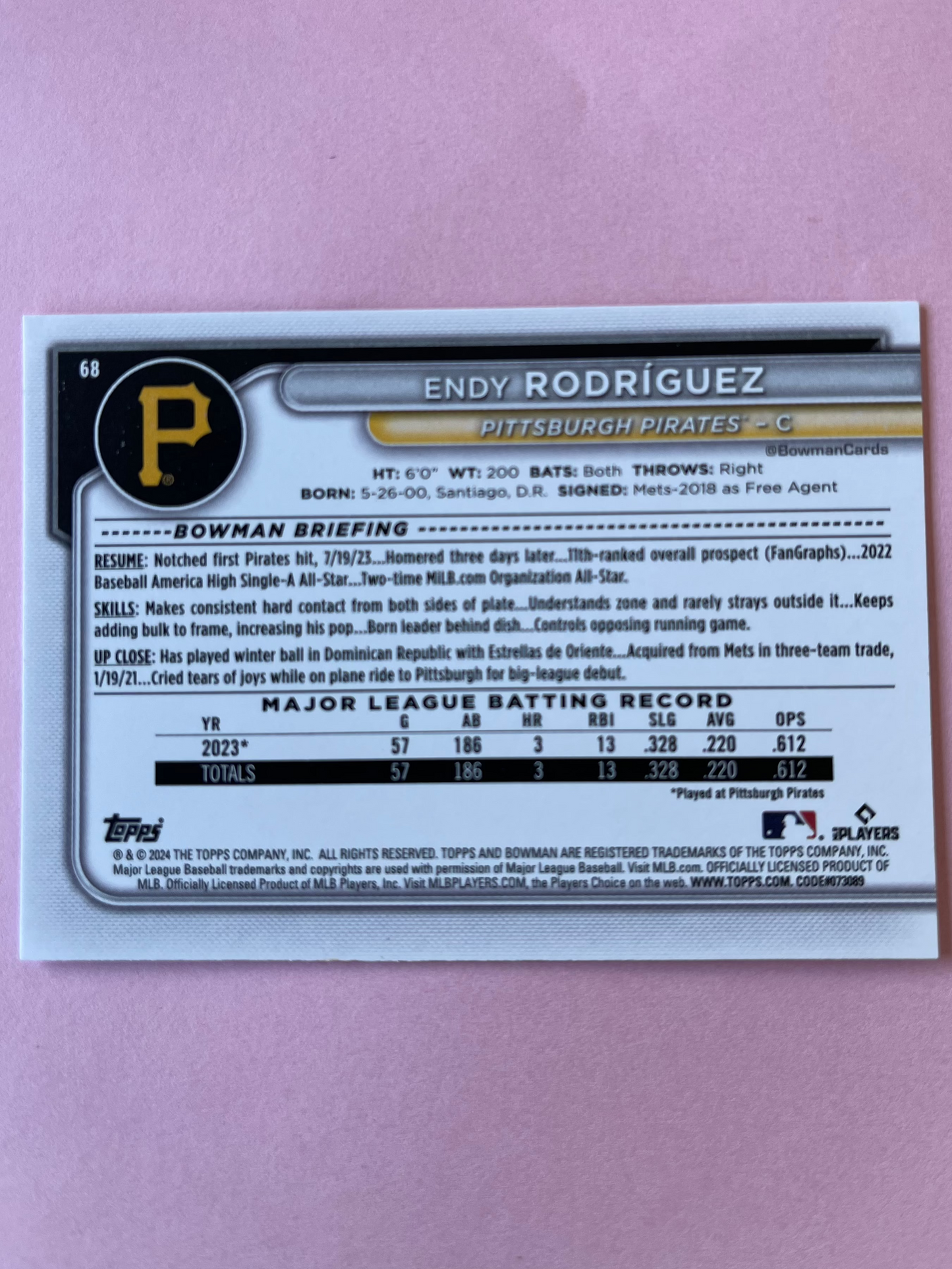 2024 Topps | Bowman | MLB | Endy Rodriguez #68 | Pirates | Rookie