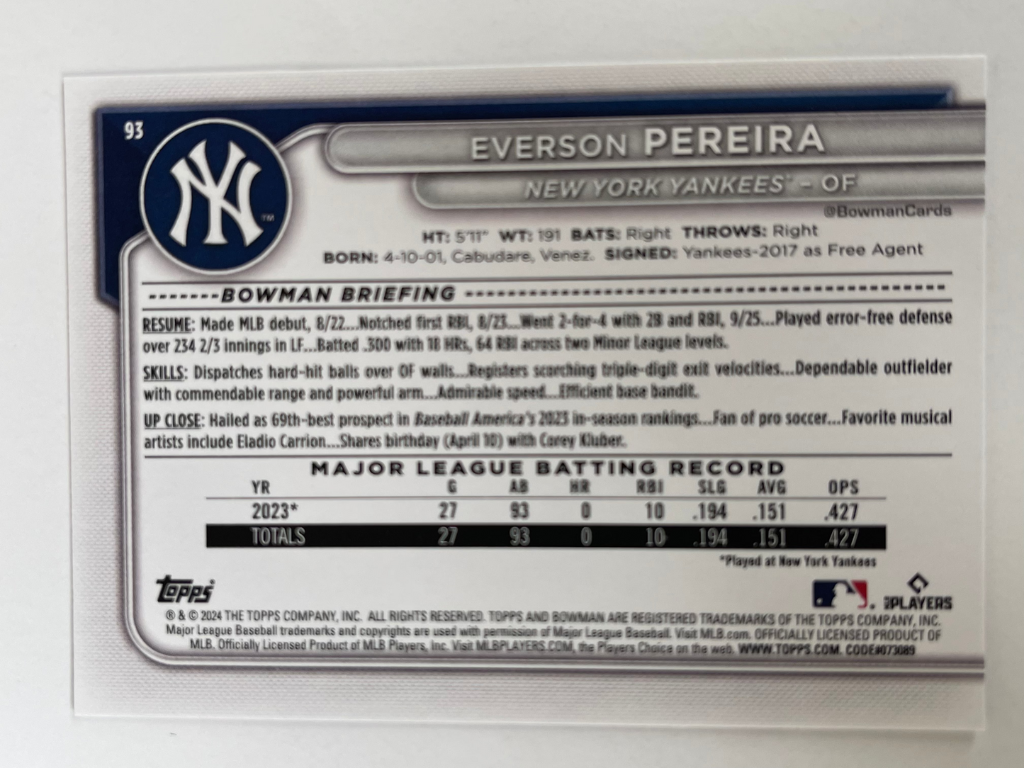 2024 Topps | Bowman | MLB | Everson Pereira No.93 | Yankees | Rookie Card