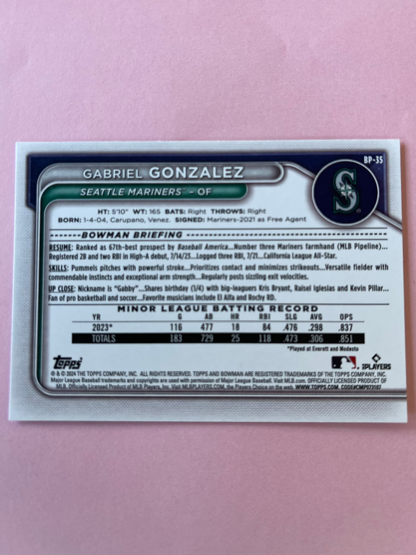 2024 Topps | Bowman | MLB | Gabriel Gonzalez bp-55 | Mariners | Bowman Prospects