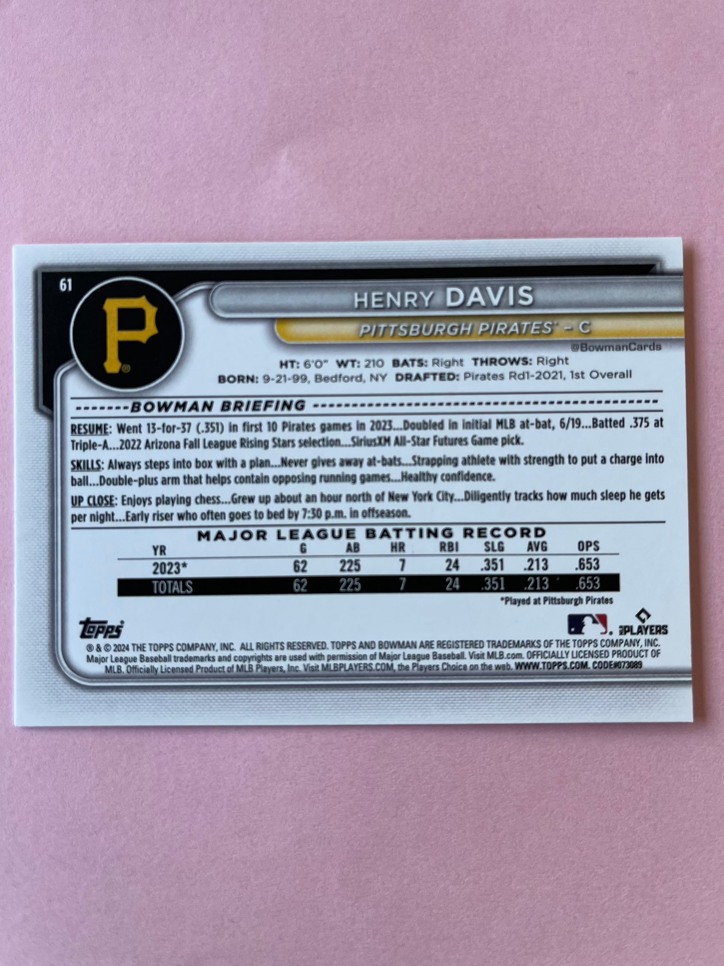 2024 Topps | Bowman | MLB | Henry Davis No.61 | Pirates