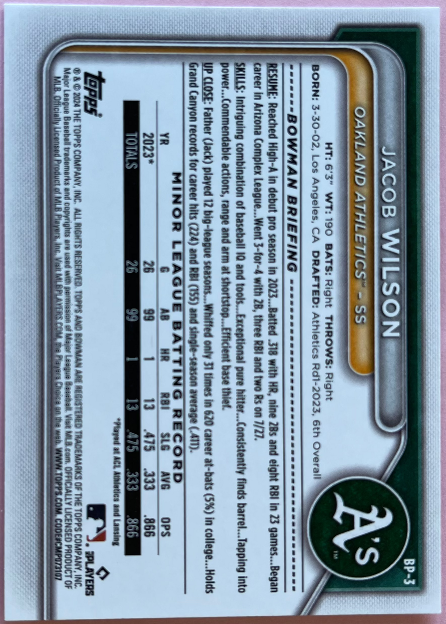 2024 Topps | Bowman | MLB | Jacob Wilson bp-3 | Athletics | Bowman Prospects