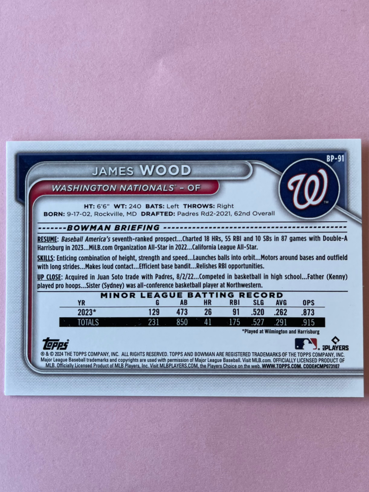 2024 Topps | Bowman | MLB | James Wood bp-91 | Nationals | Bowman Prospects