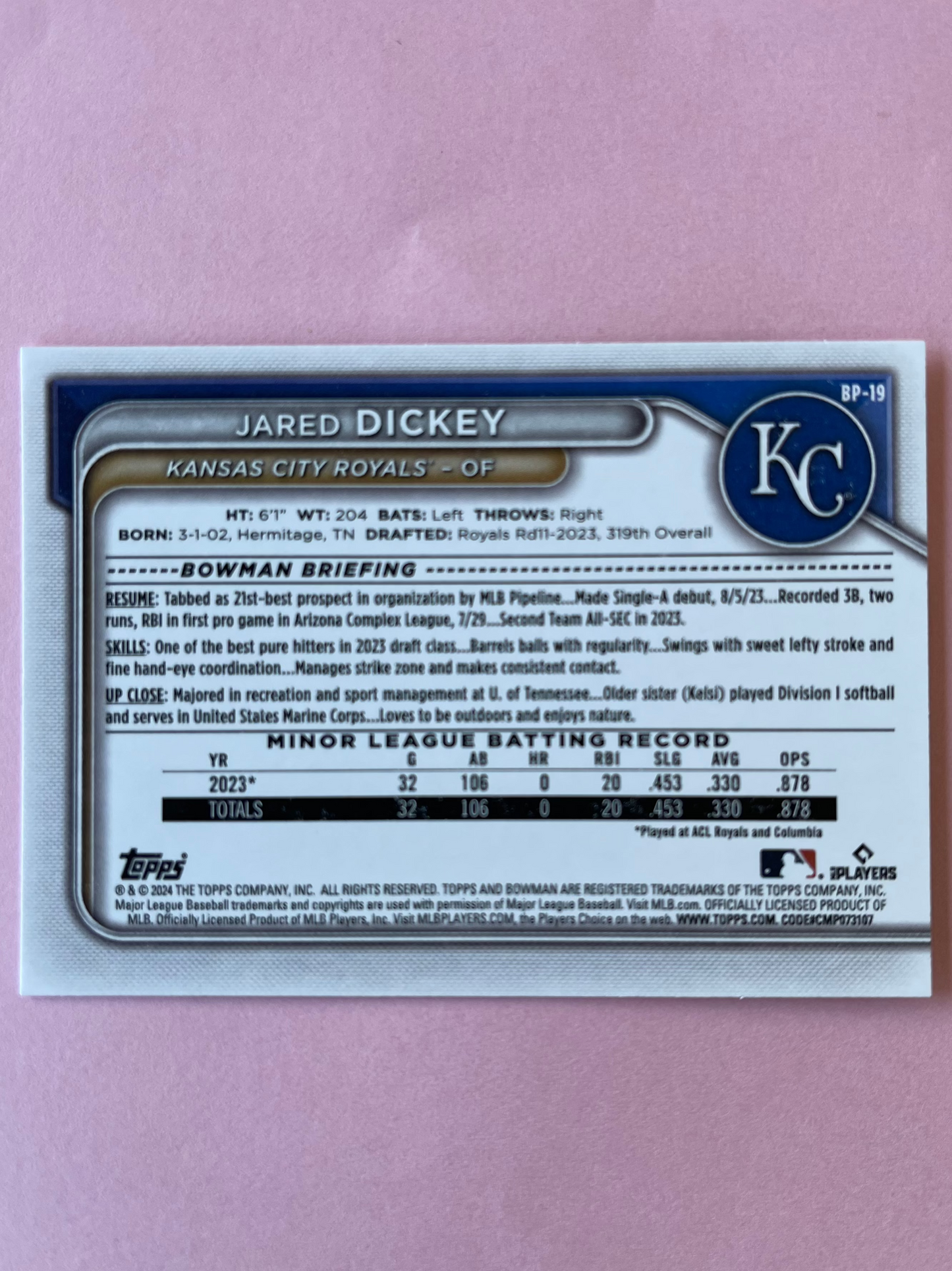 2024 Topps | Bowman | MLB | Jared Dickey bp-19 | Royals | Bowman Prospects