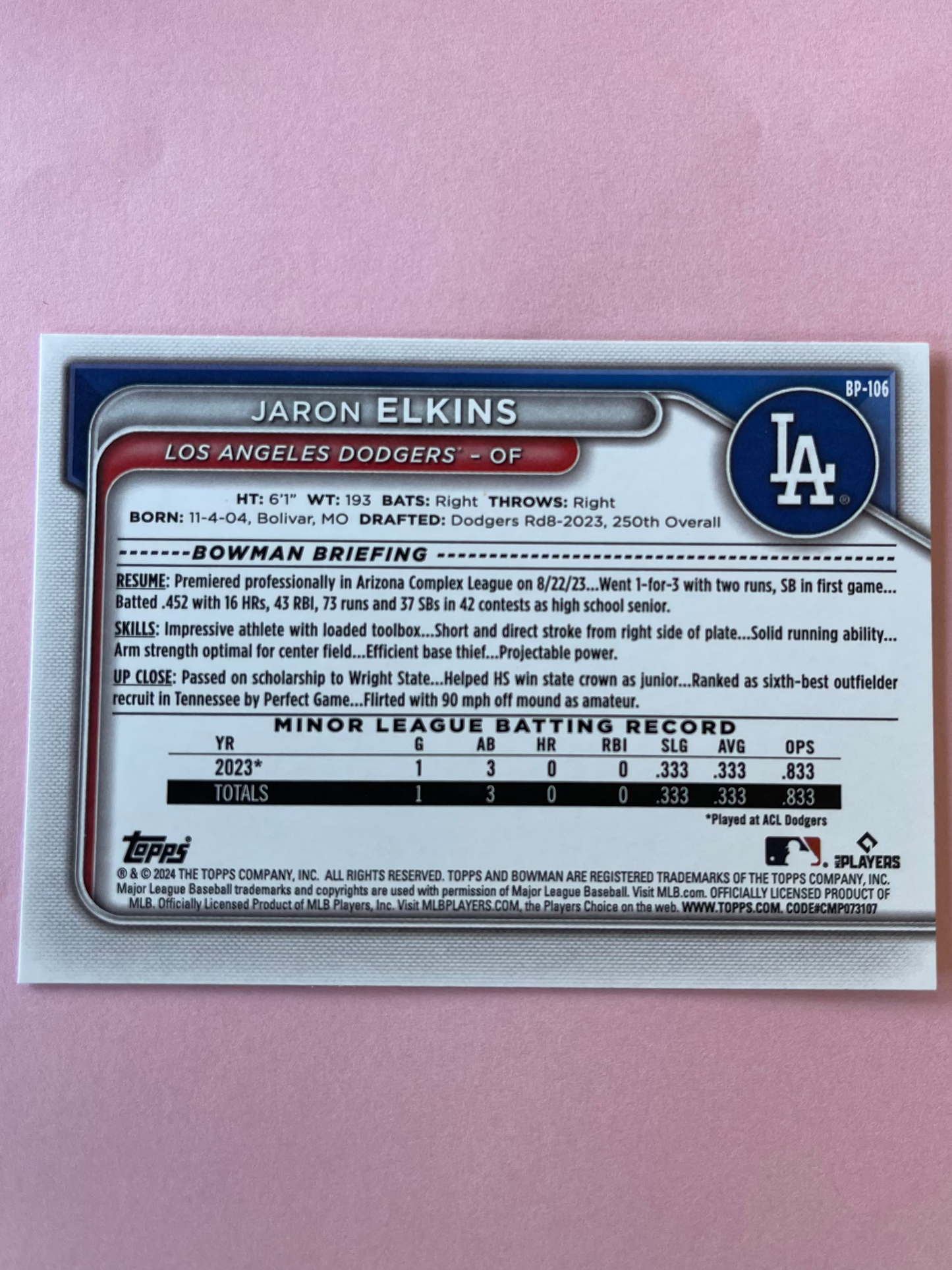 2024 Topps | Bowman | MLB | Jaron Elkins #bp-106 | Dodgers | Bowman Prospects