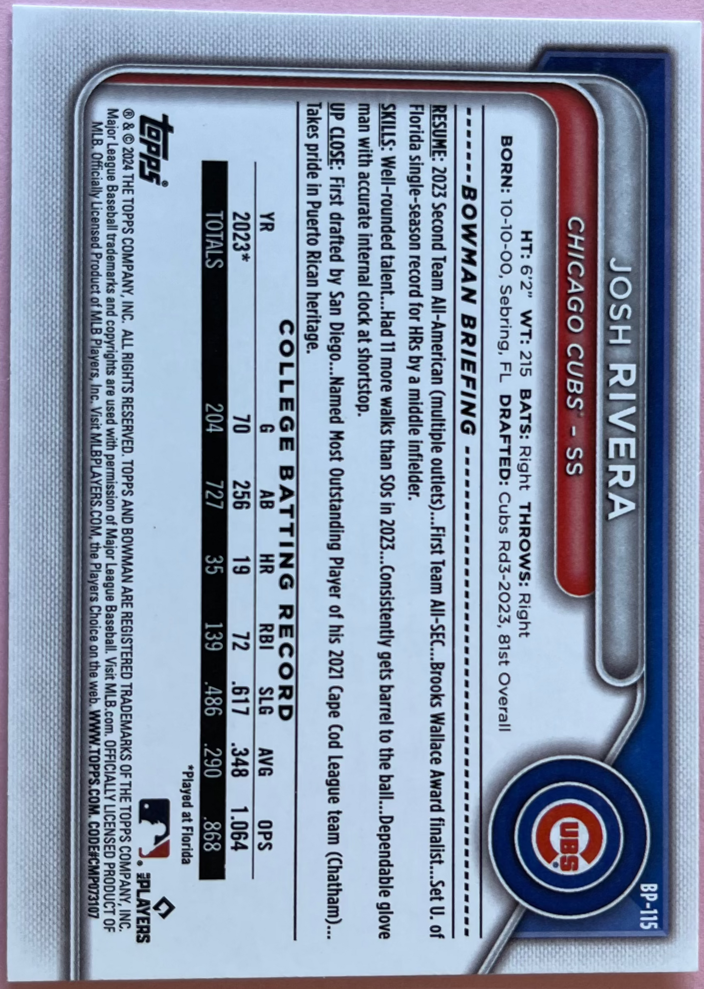 2024 Topps | Bowman | MLB | Josh Rivera bp-115 | Cubs | Bowman Prospects