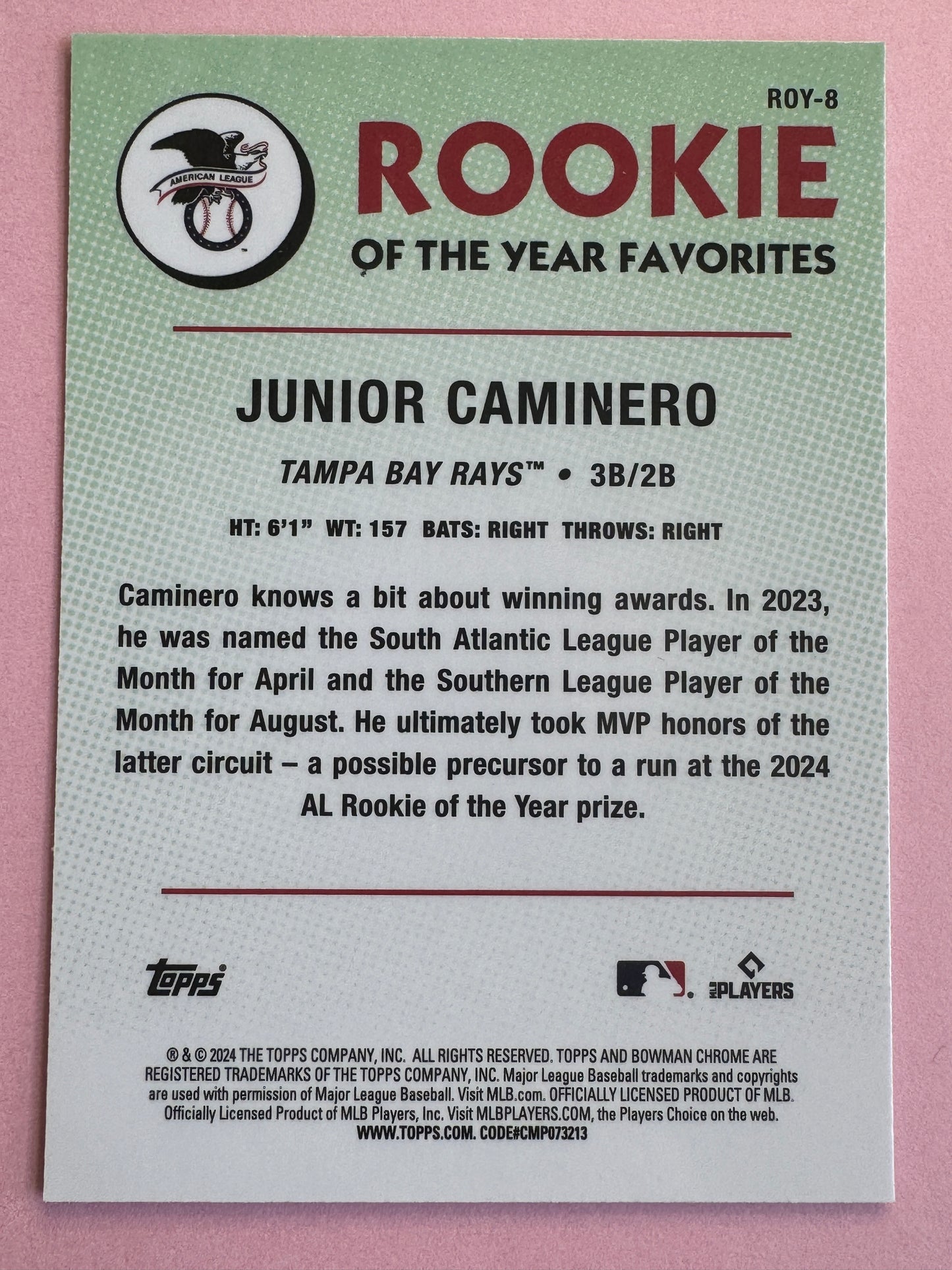 2024 Topps | Bowman | MLB | Junior Caminero No.Roy-8 | Bay Rays | Rookie