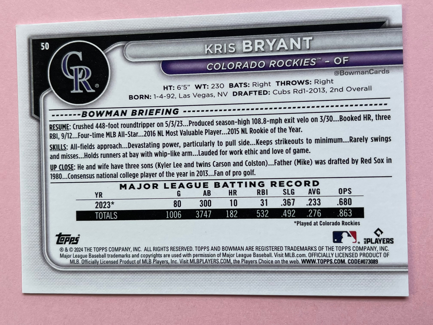 2024 Topps | Bowman | MLB | Kris Bryant No.50 | Rockies