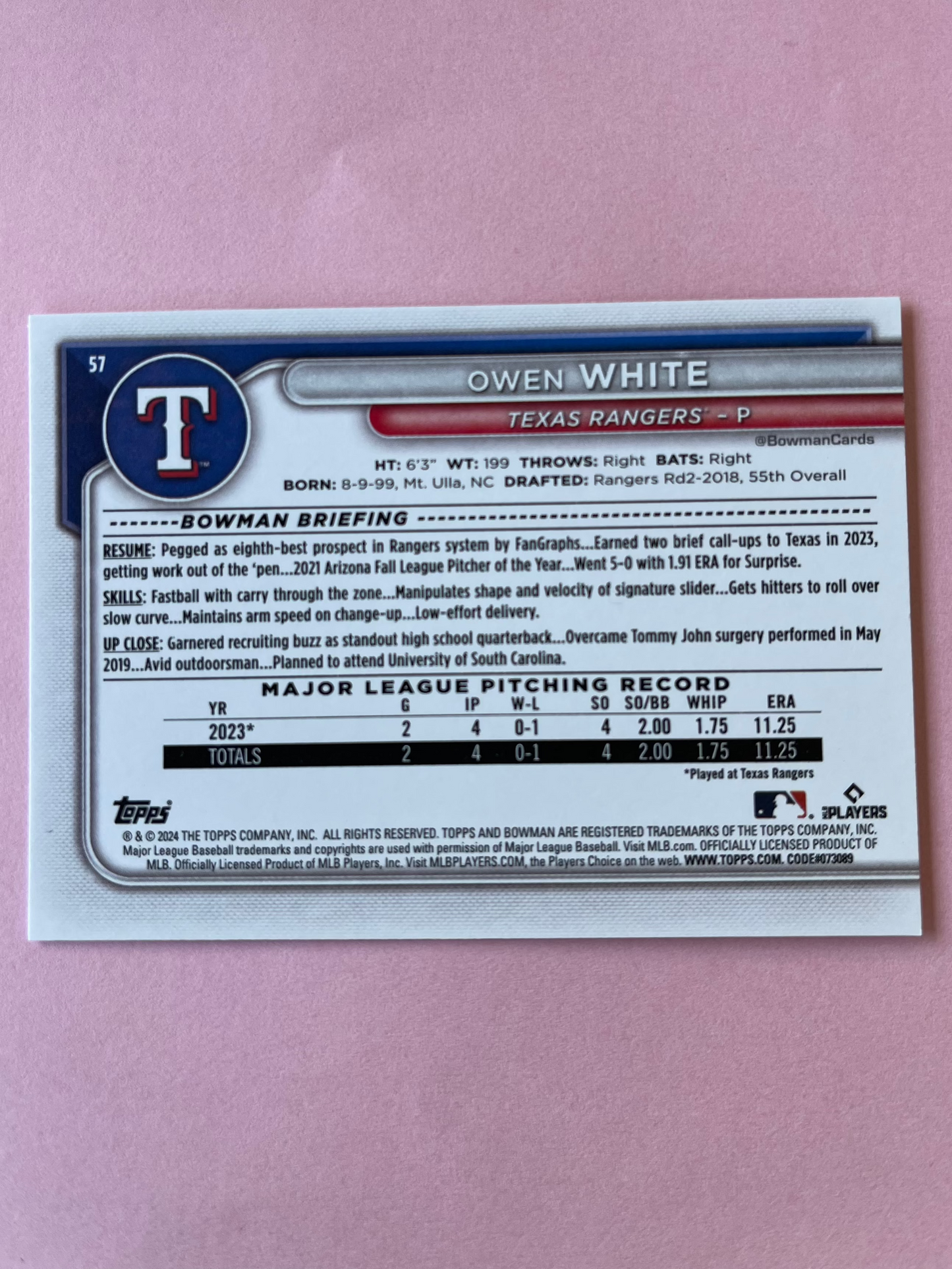 2024 Topps | Bowman | MLB | Owen White No.57 | Rangers