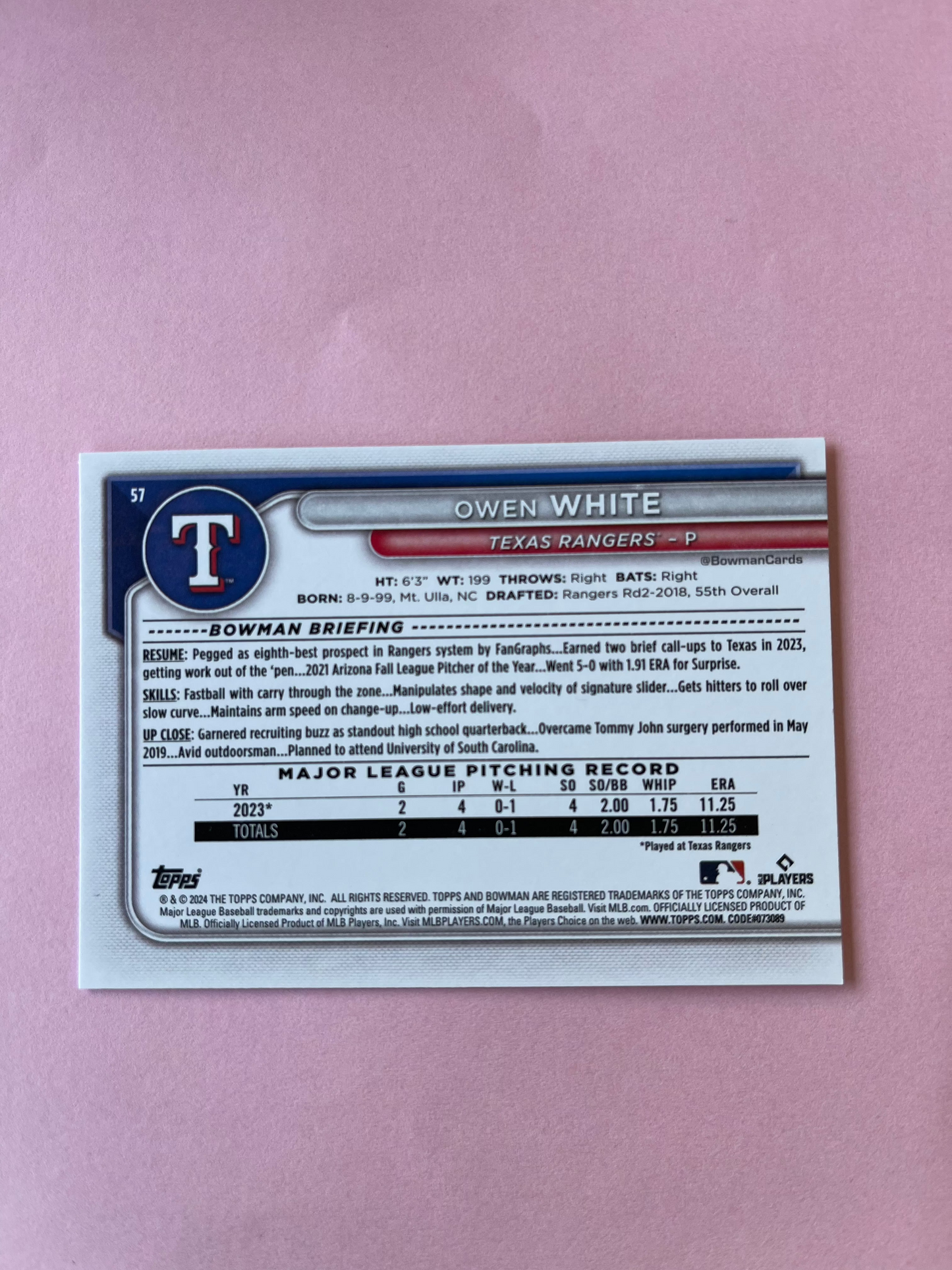 2024 Topps | Bowman | MLB | Owen White No.57 | Rangers