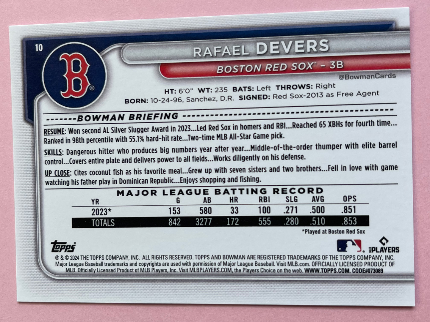 2024 Topps | Bowman | MLB | Rafael Devers No.10 | Redsox