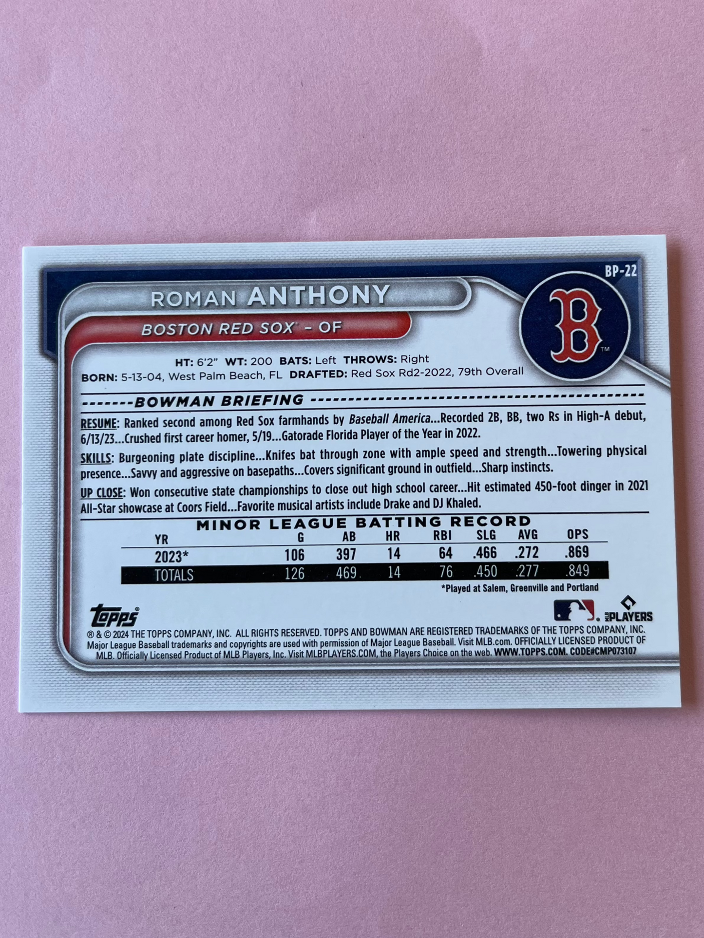 2024 Topps | Bowman | MLB | Roman Anthony #bp-22 | Red Sox | Bowman Prospects