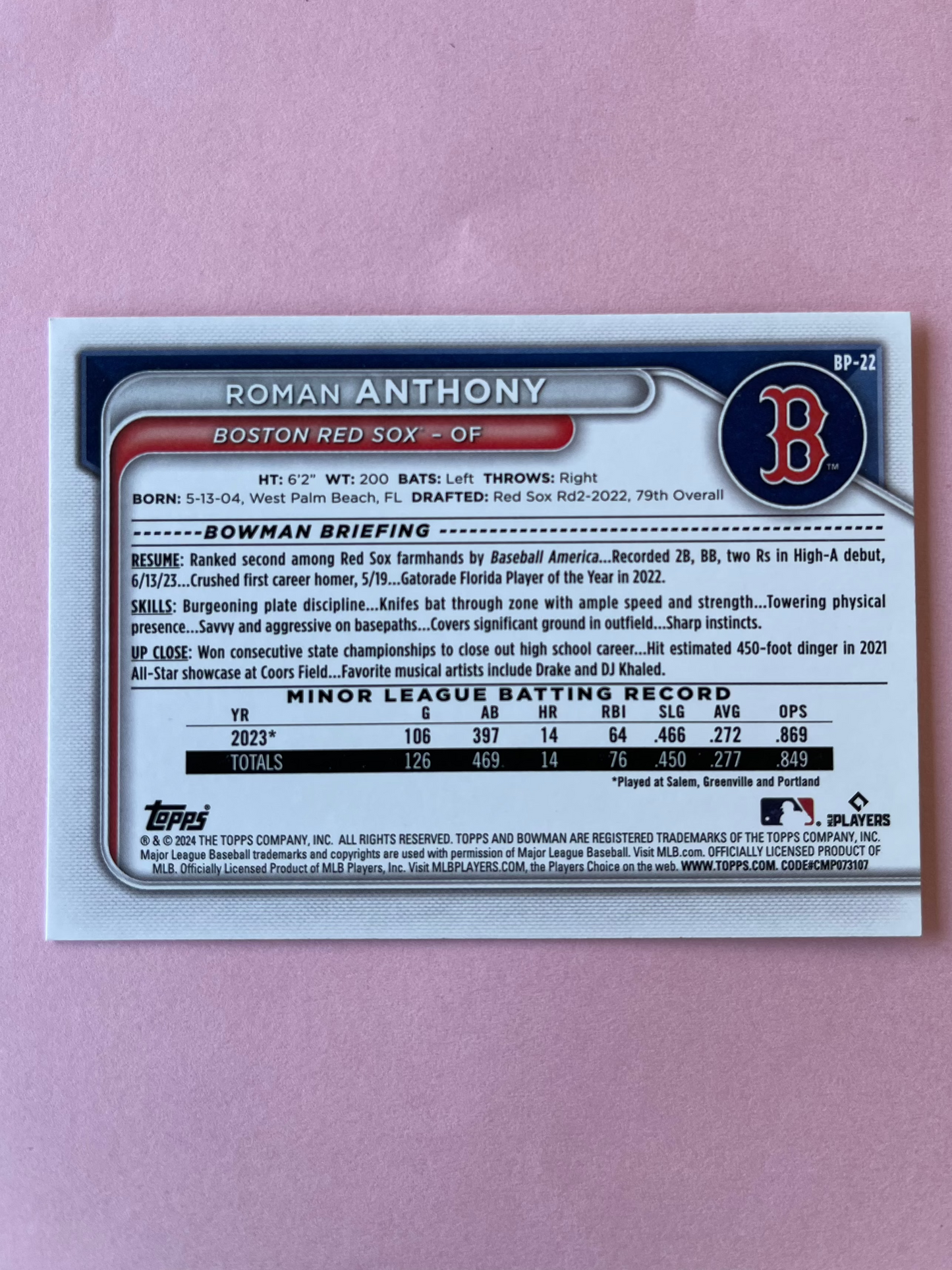 2024 Topps | Bowman | MLB | Roman Anthony bp-22 | Red Sox | Bowman Prospects